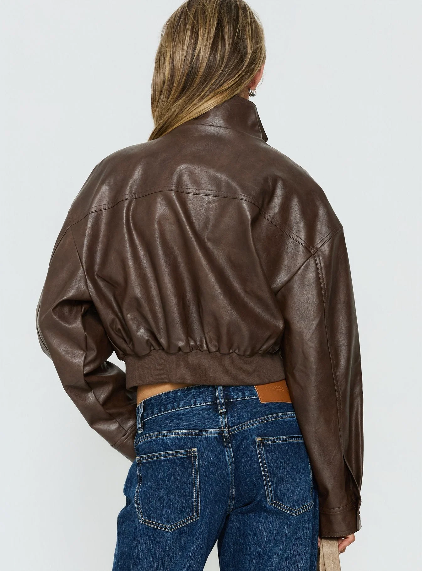 Ace Player Funnel Neck Faux Leather Jacket Brown - Image 5