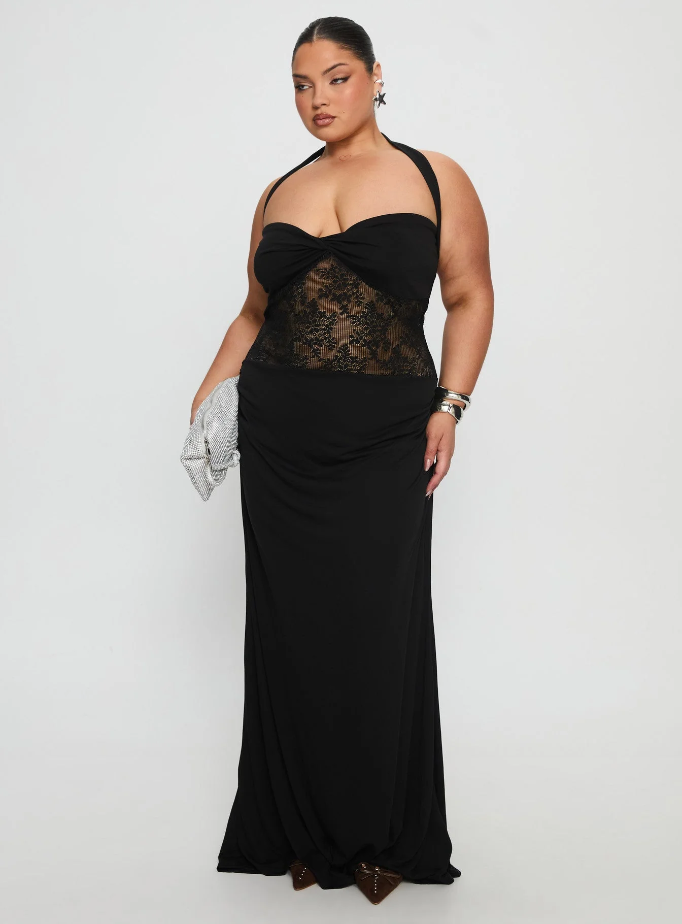 Adalyne Lace Halter Maxi Dress Black Curve - Image 2