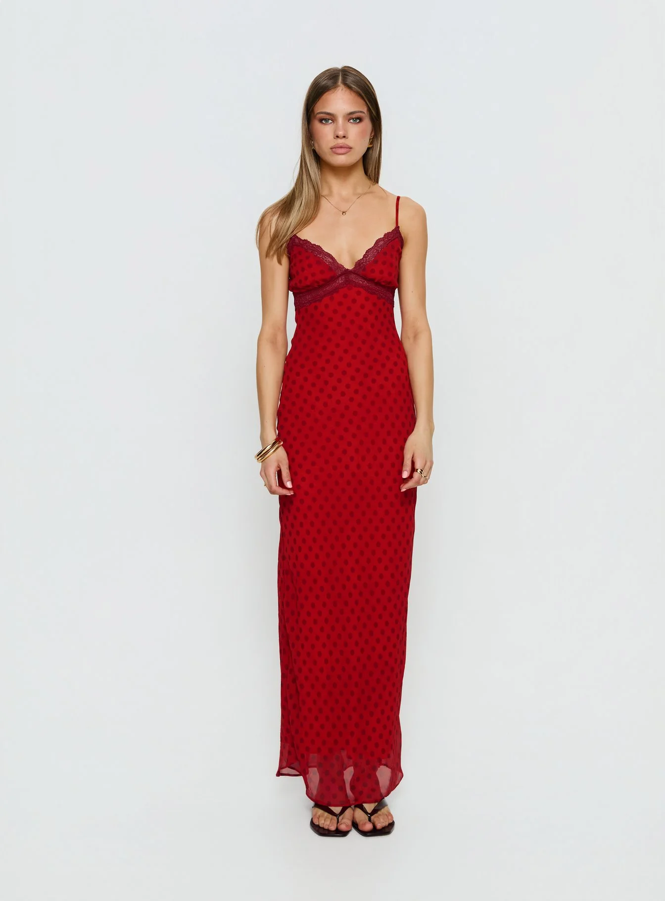 Adasia Lace V Neck Maxi Dress Red Polka Dot - Image 7