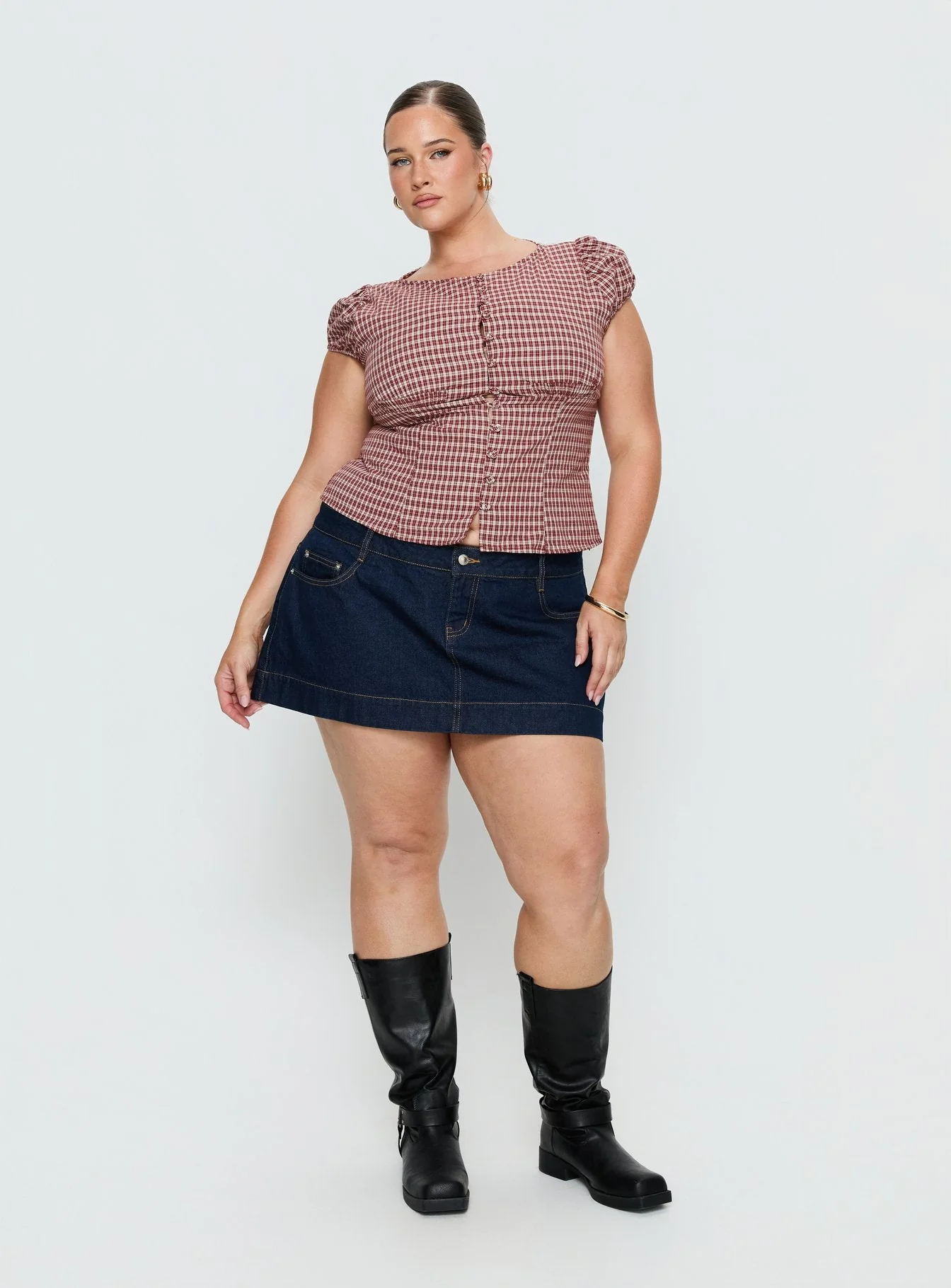 Alixandra Puff Sleeve Blouse Top Red Check Curve - Image 3