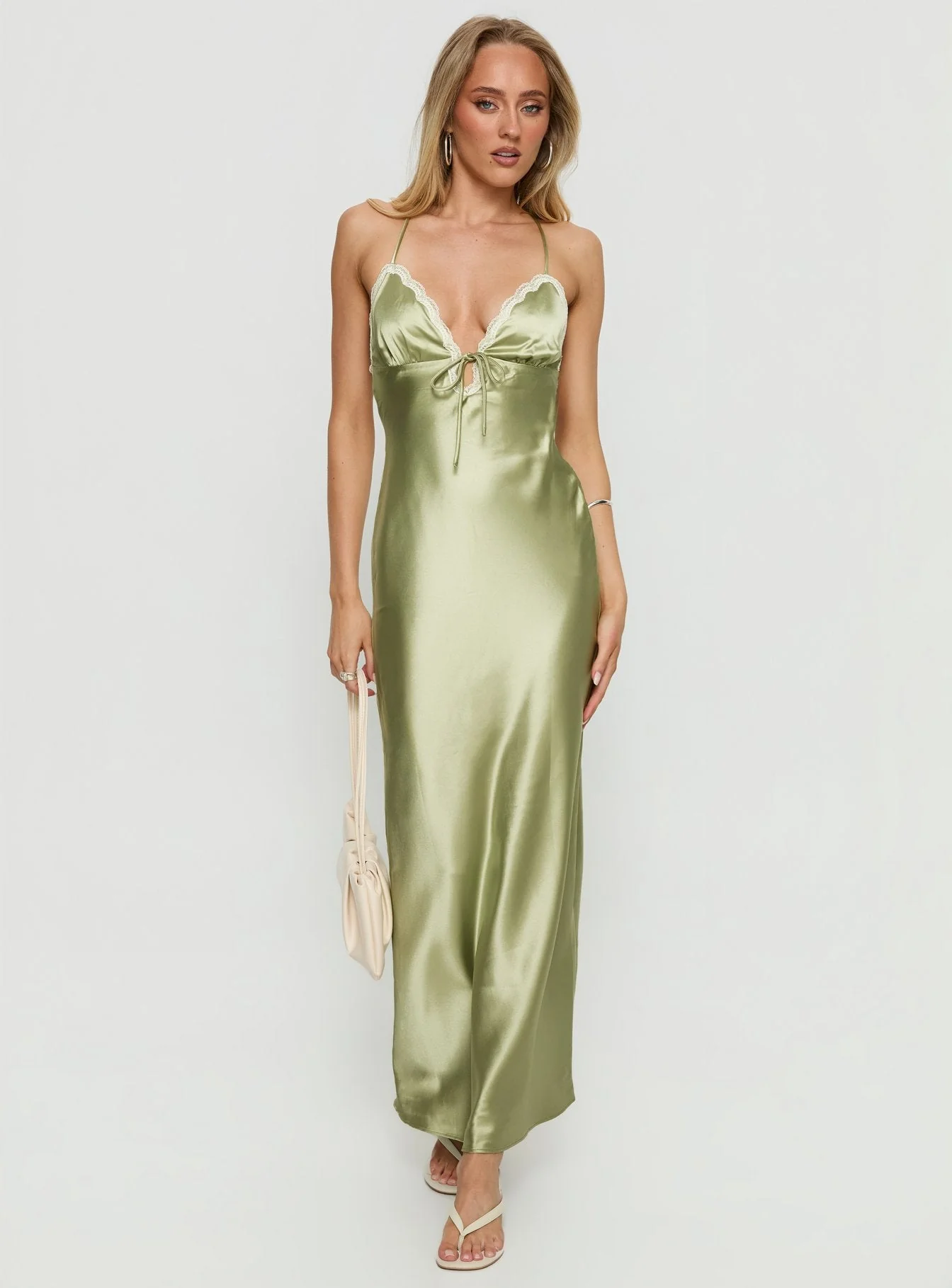 Alysa Lace Trim Halter Maxi Dress Green - Image 2