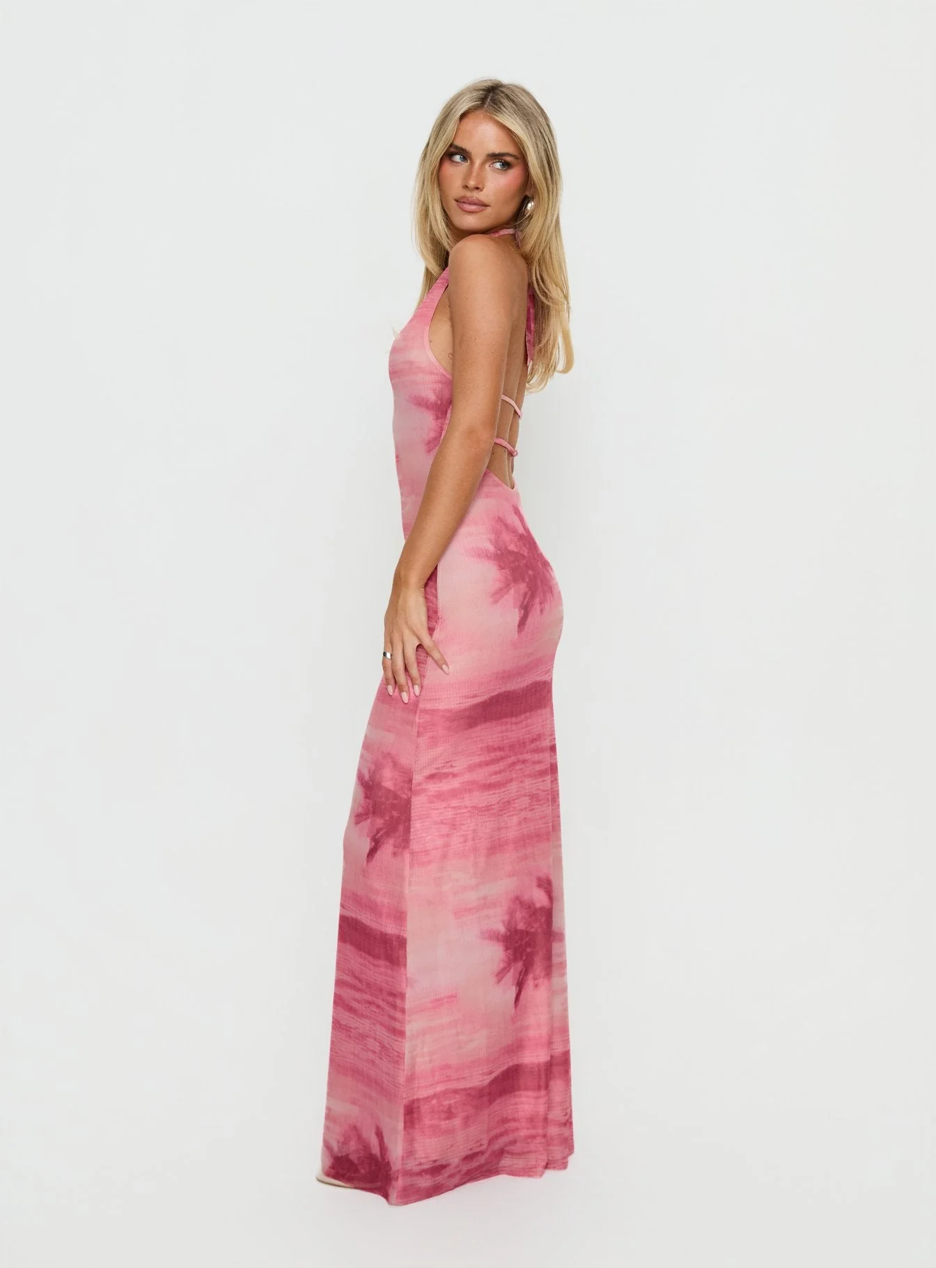 Amelina Halter Maxi Dress Pink Palm Tree Multi - Image 3