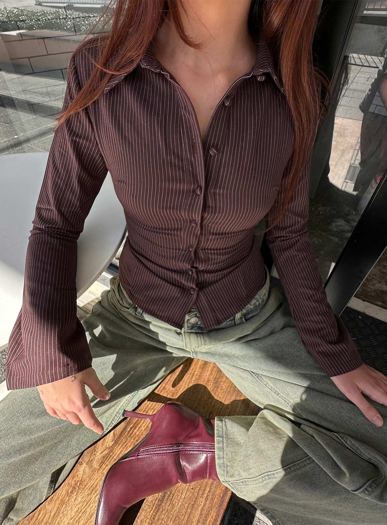 Anni Pinstripe Shirt Brown Petite - Image 8
