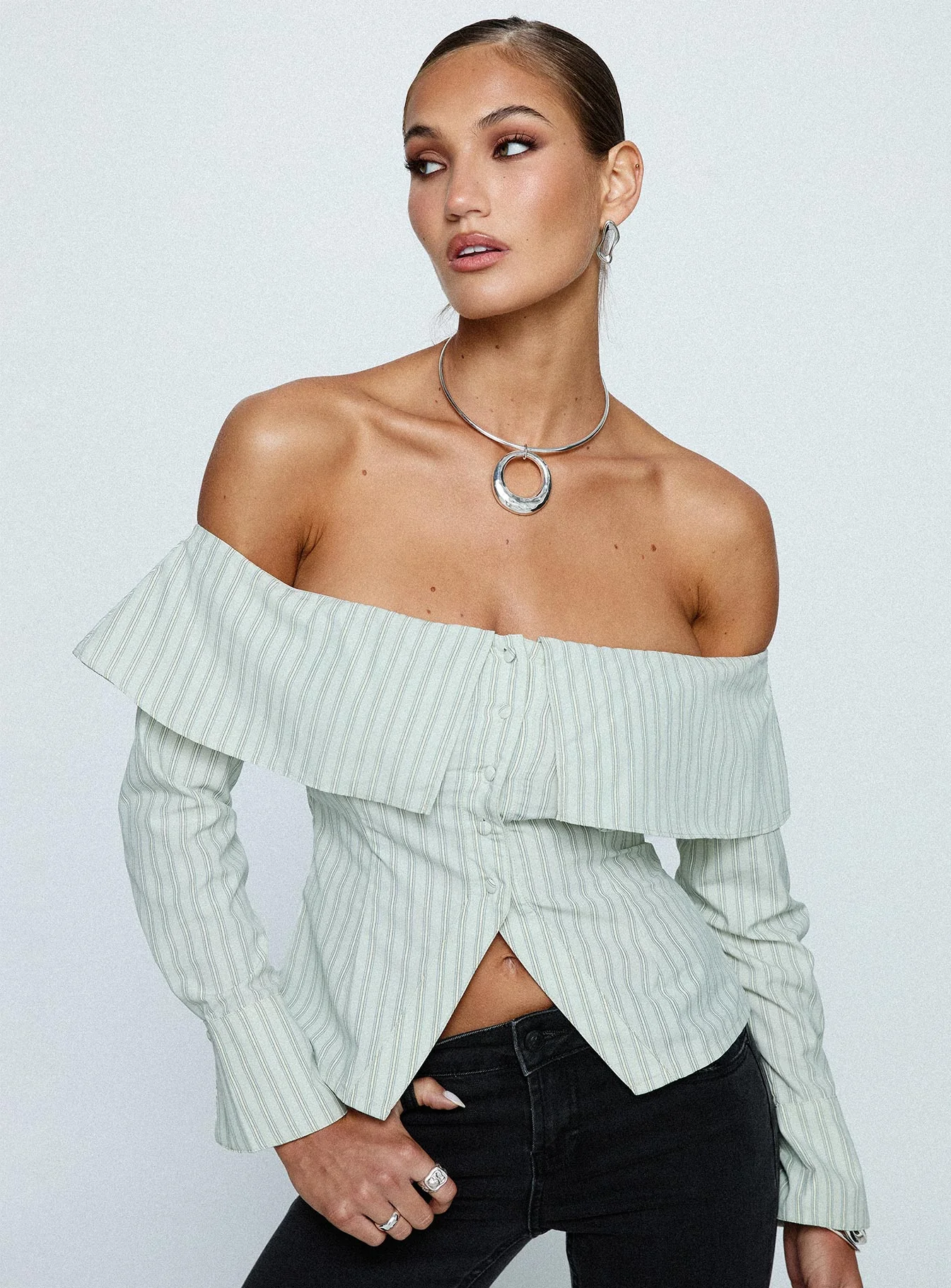Another Hill Off Shoulder Top Green Stripe - Image 8