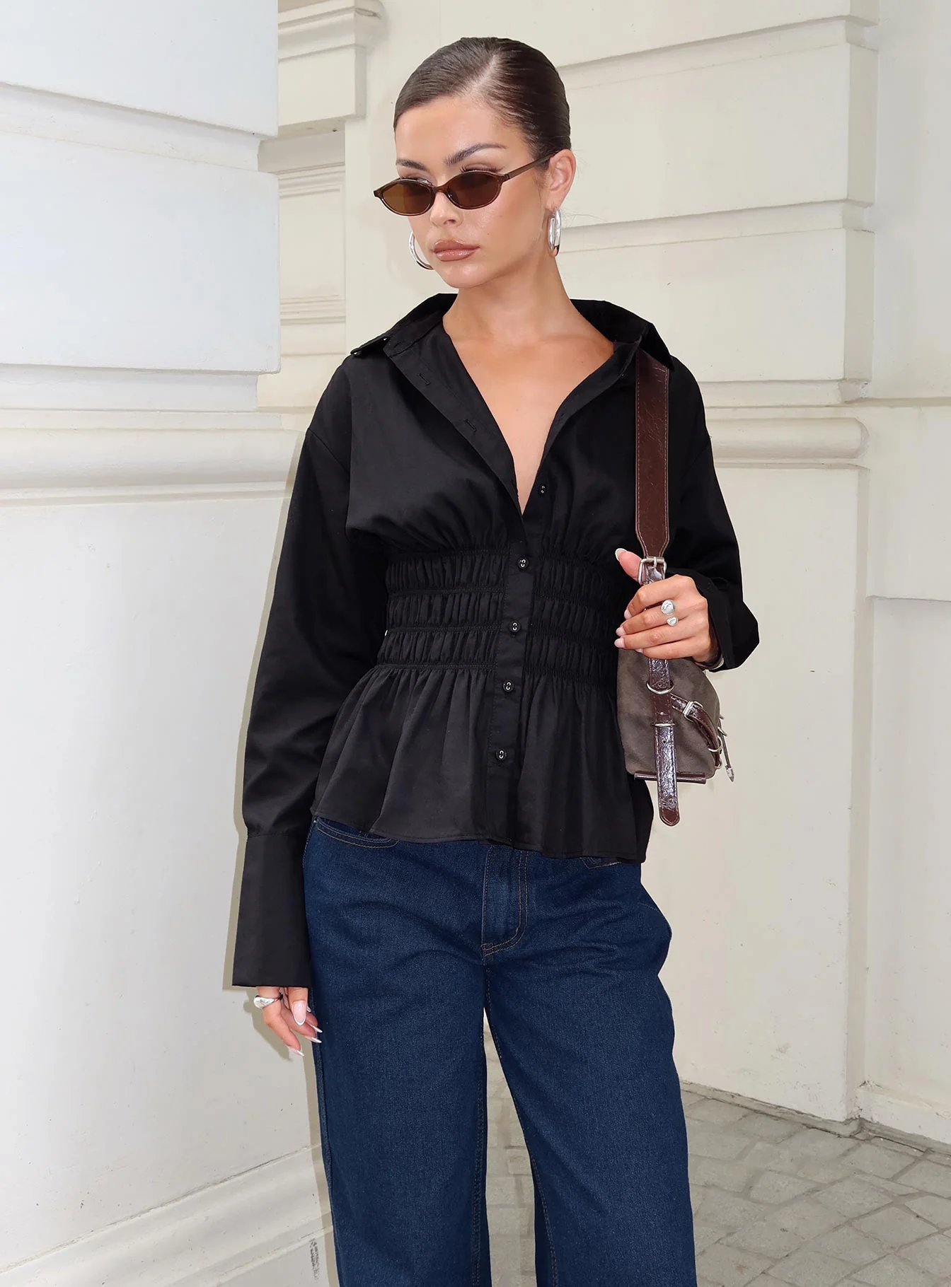 As You Are Shirred Button Up Top Black - Image 6