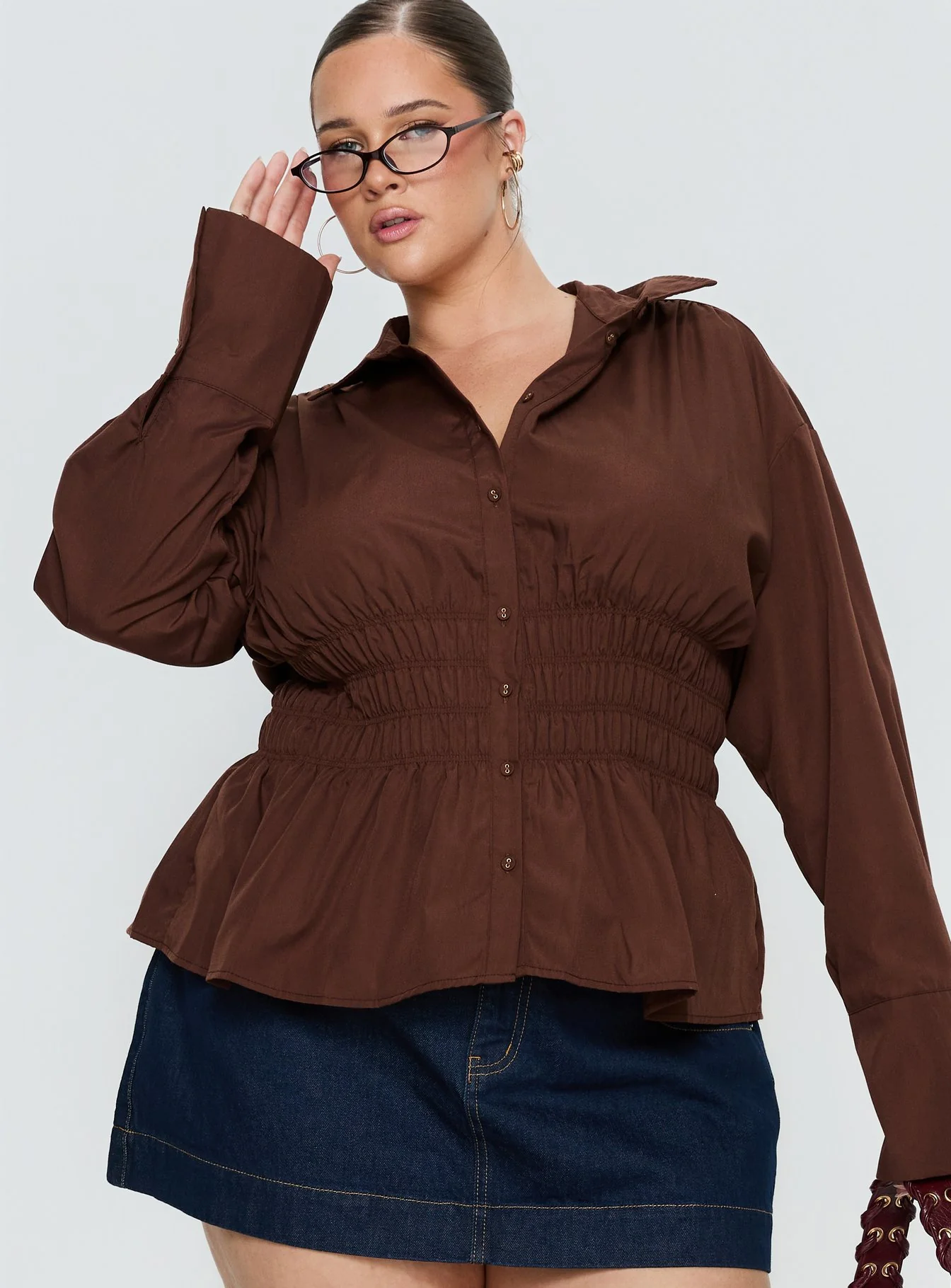 As You Are Shirred Button Up Top Chocolate Curve - Image 2