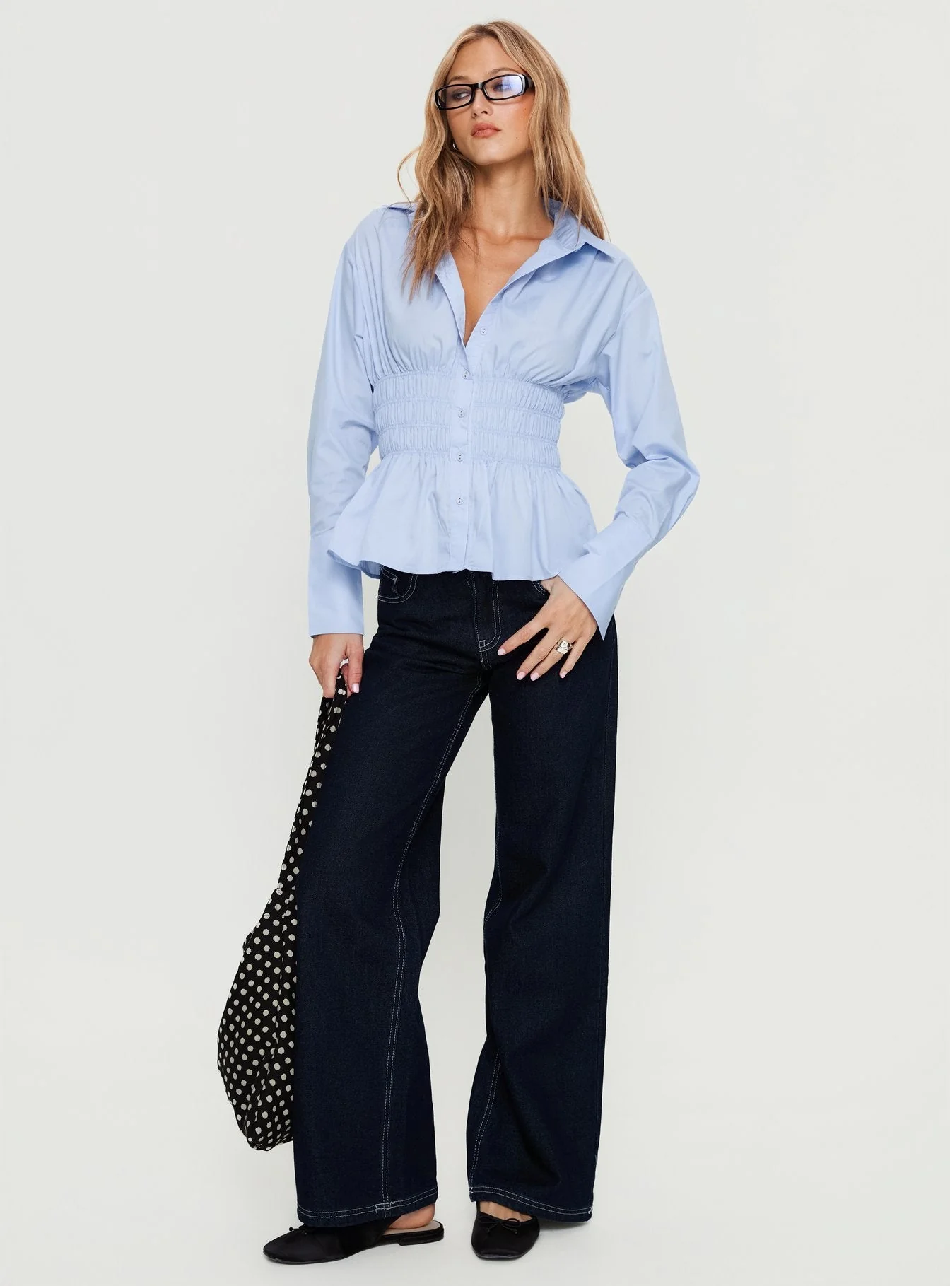 As You Are Shirred Button Up Top Soft Blue - Image 3
