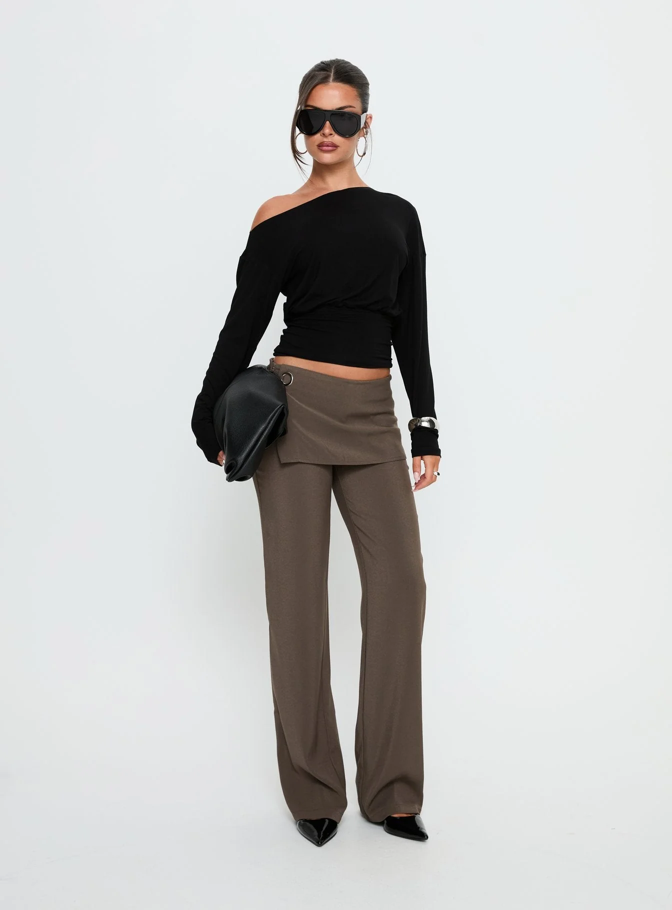Ashlinn Off Shoulder Long Sleeve Drapey Top Black - Image 3