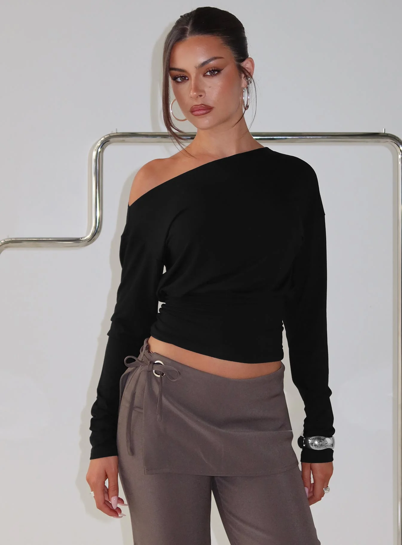 Ashlinn Off Shoulder Long Sleeve Drapey Top Black - Image 8