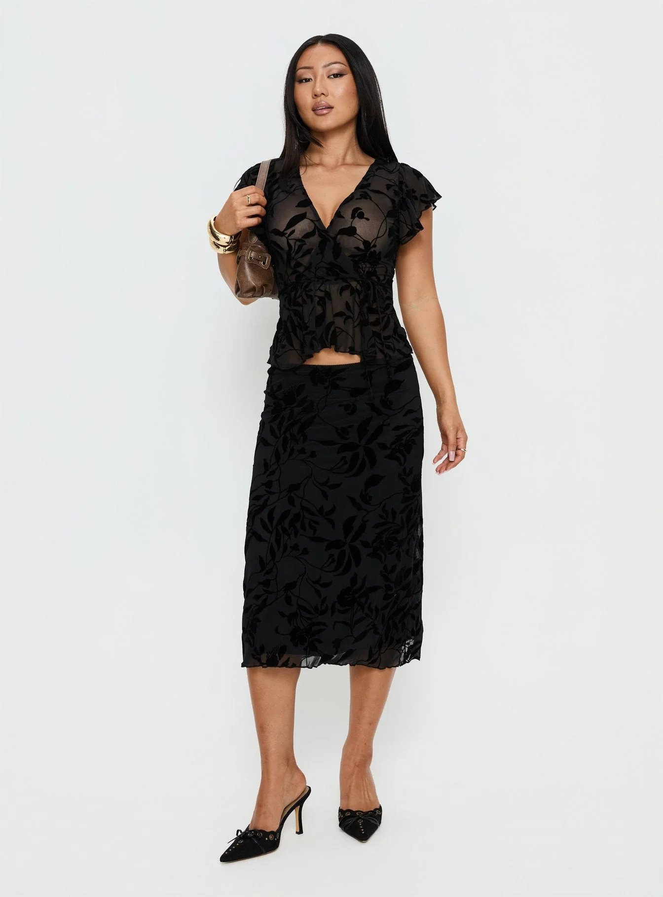 Atira Midi Skirt Leaf Flower Black - Image 2