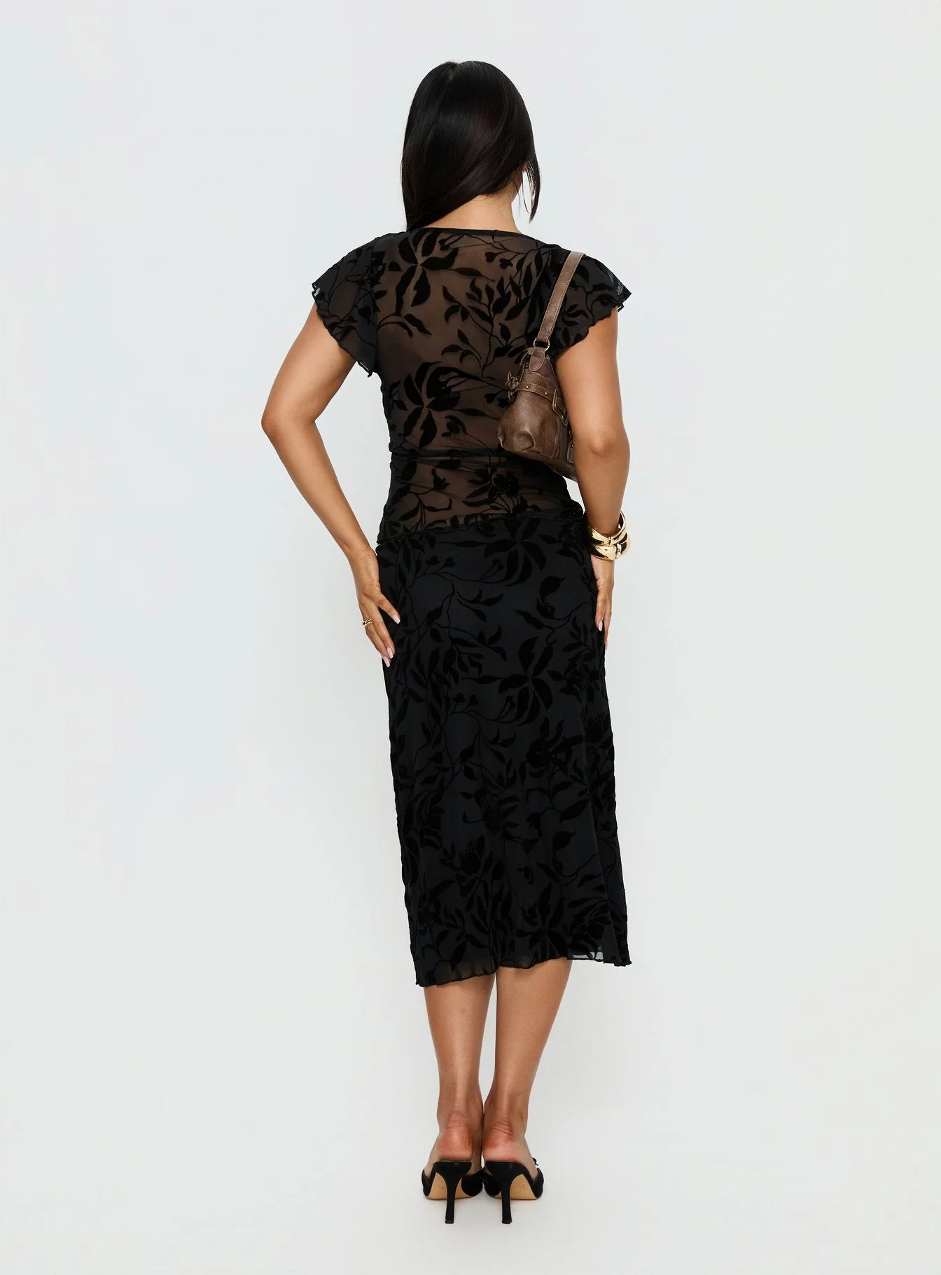 Atira Midi Skirt Leaf Flower Black - Image 4