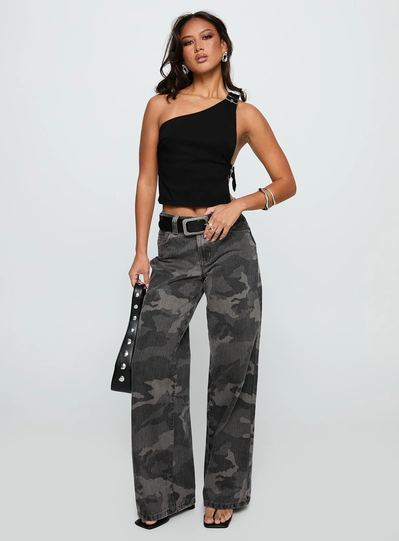 Big Talk Mid Rise Straight Leg Jeans Grey Washed Camo - Image 3
