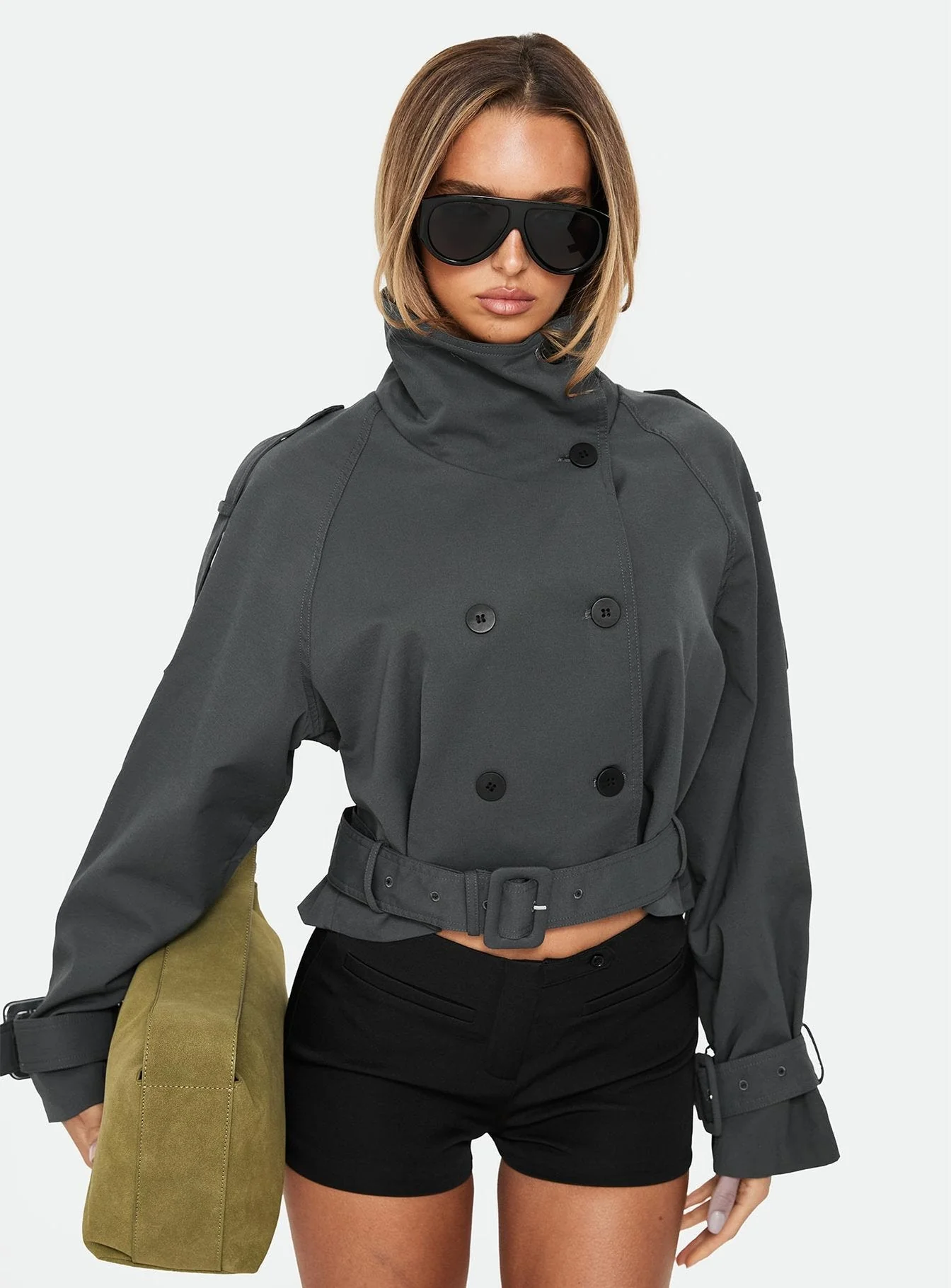 Blanc Cropped Trench Coat Olive - Image 11