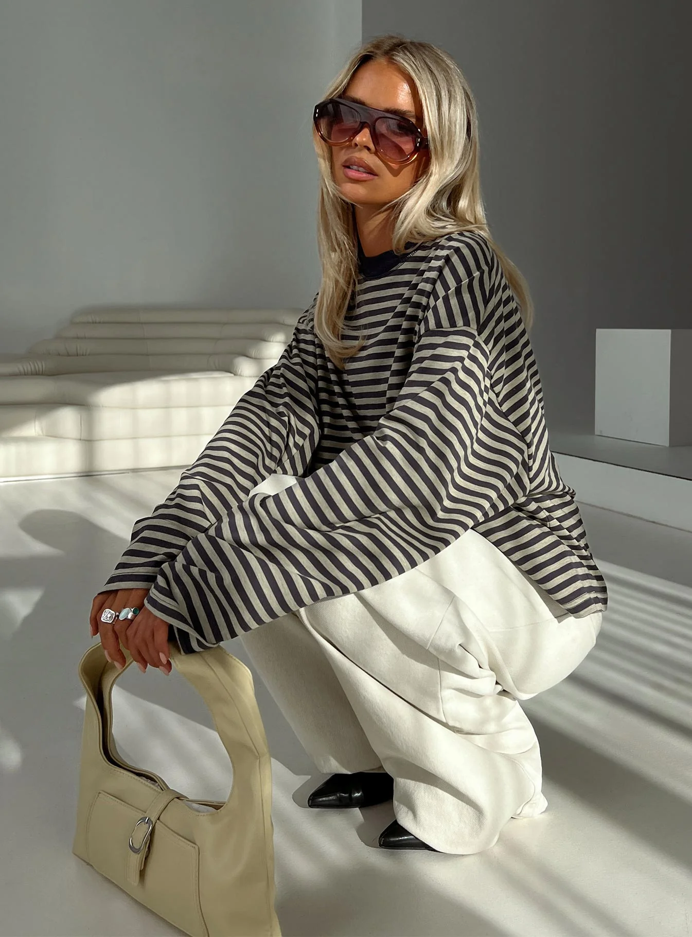 Bloom Long Sleeve Top Beige Stripe - Image 9