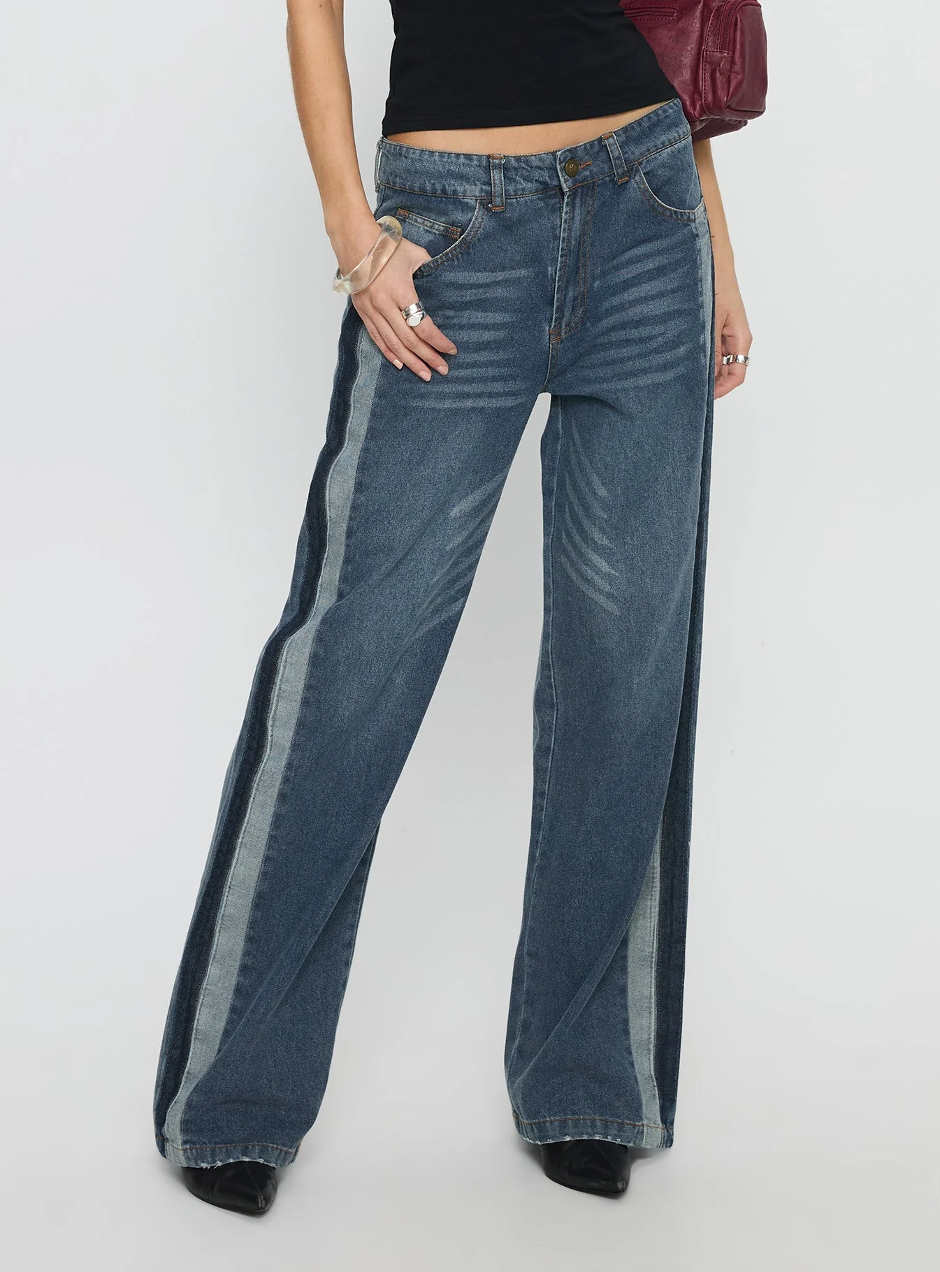 Born Again Mid Rise Straight Leg Contrast Detail Jeans Dark Blue - Image 2