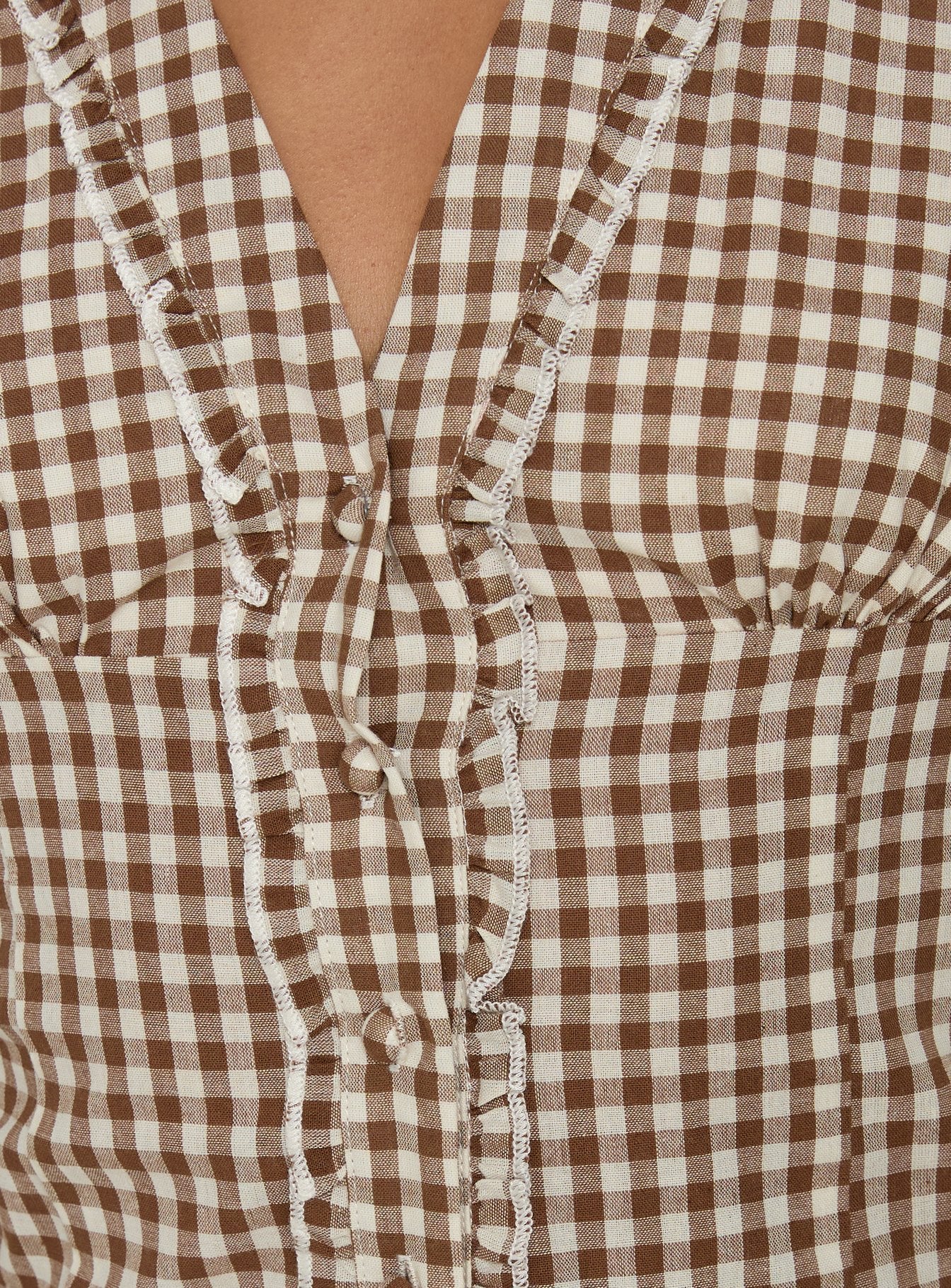 Bradlie Frill Detail Short Sleeve Blouse Top Chocolate Gingham - Image 6