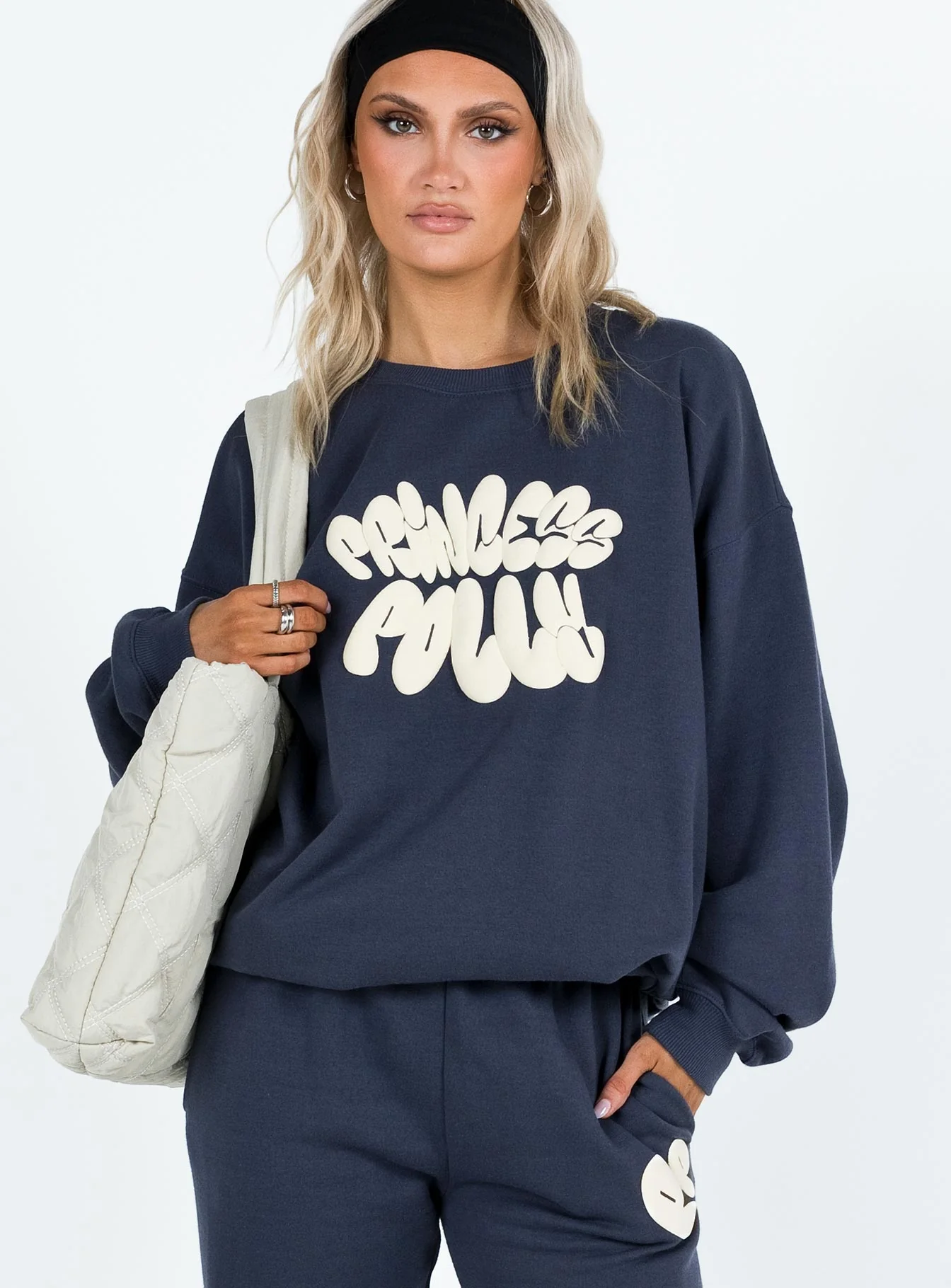 Princess Polly Crew Neck Sweatshirt Bubble Text Slate / Eggshell - Image 2