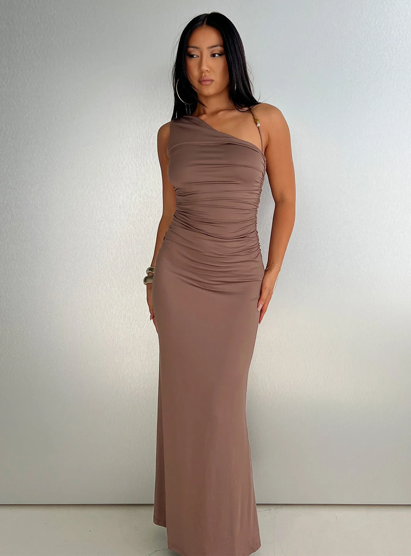 Britani One Shoulder Maxi Dress Mocha - Image 8