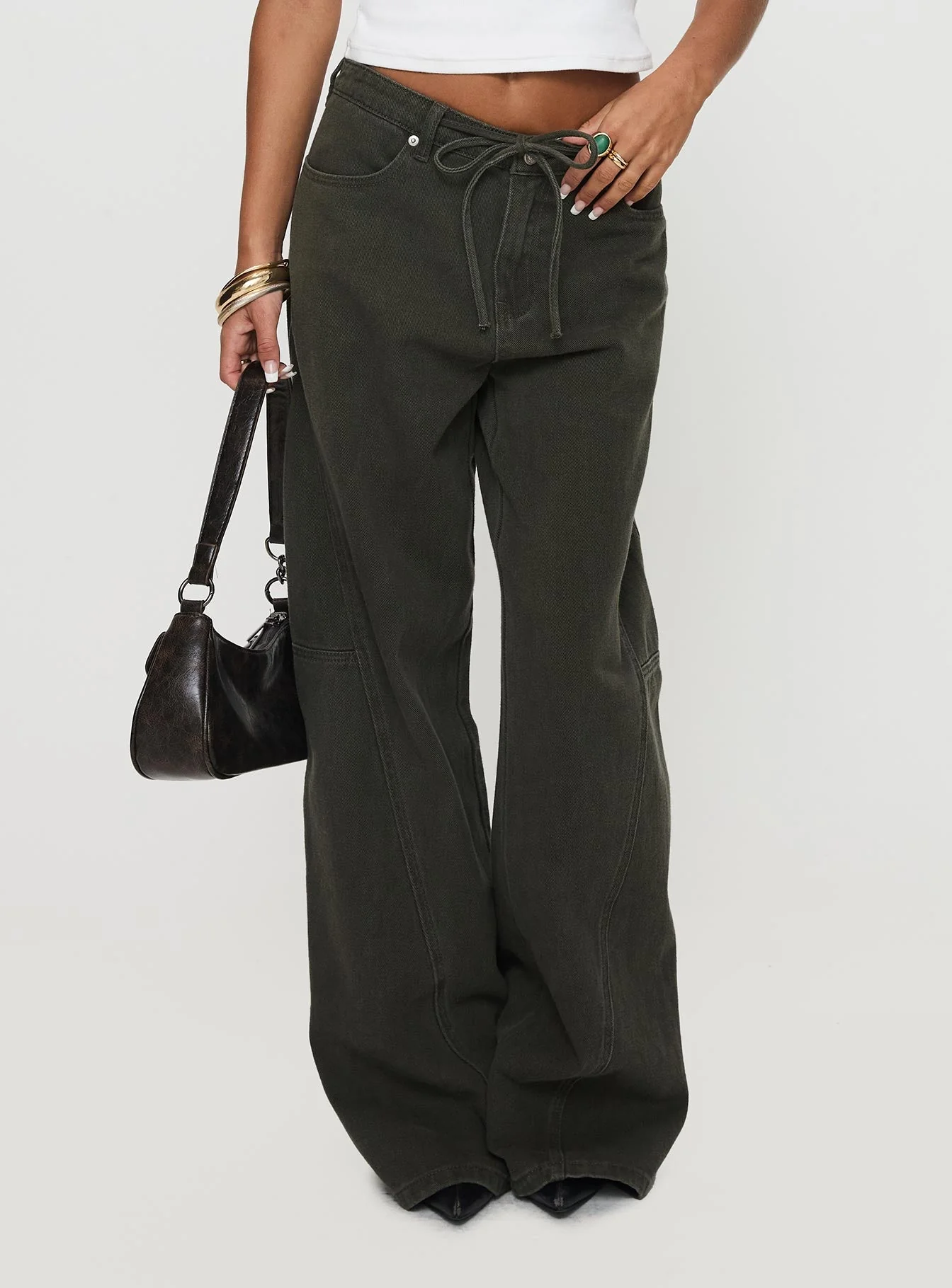 Bruiser Tie Waist Mid Rise Wide Leg Jeans Green - Image 2
