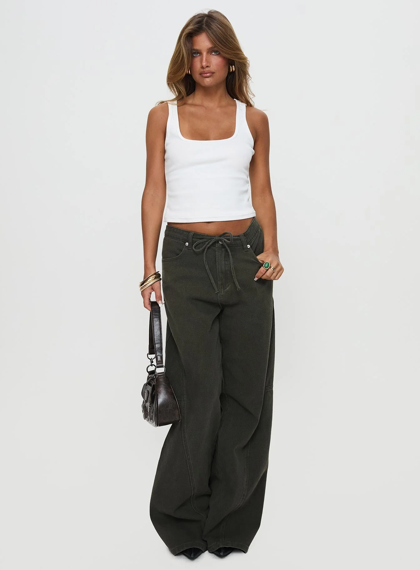 Bruiser Tie Waist Mid Rise Wide Leg Jeans Green - Image 3