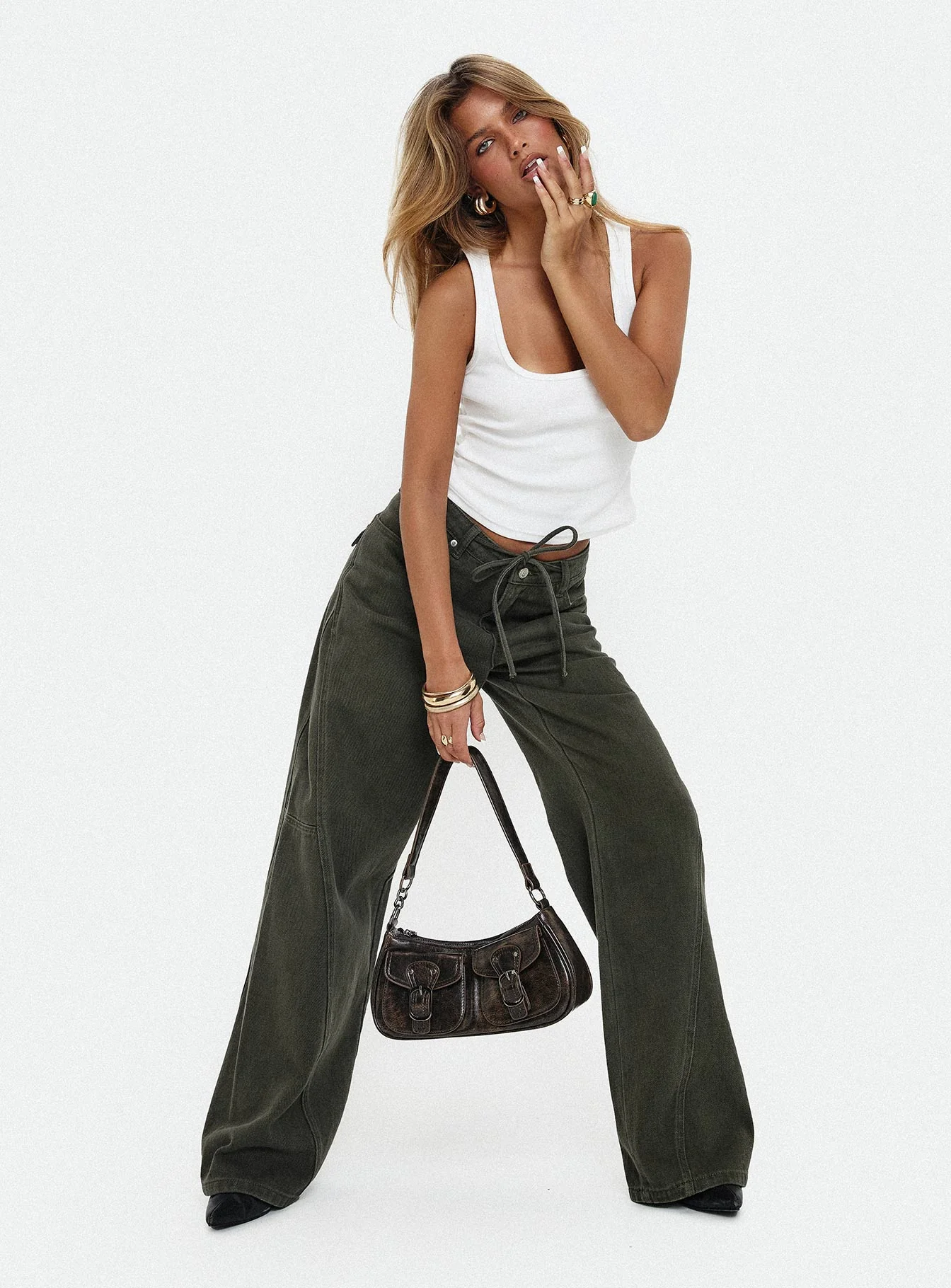 Bruiser Tie Waist Mid Rise Wide Leg Jeans Green - Image 8