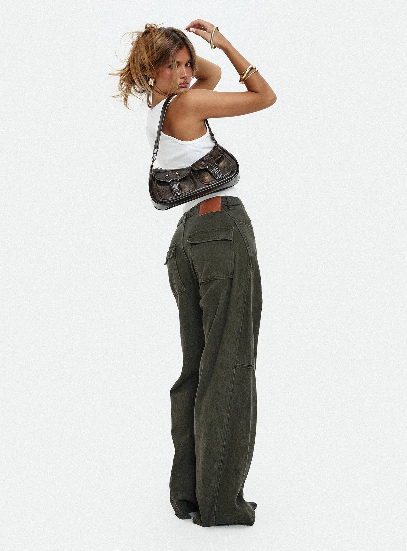Bruiser Tie Waist Mid Rise Wide Leg Jeans Green Petite - Image 8