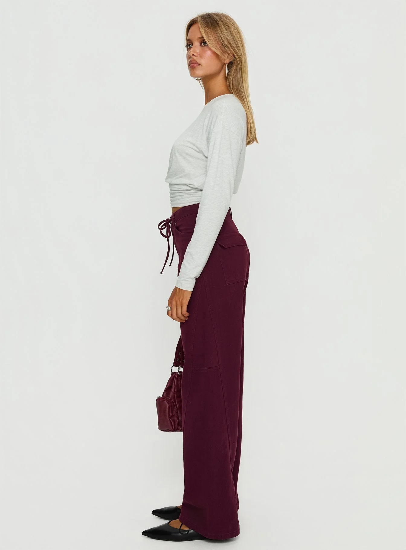 Bruiser Tie Waist Mid Rise Wide Leg Jeans Currant - Image 3