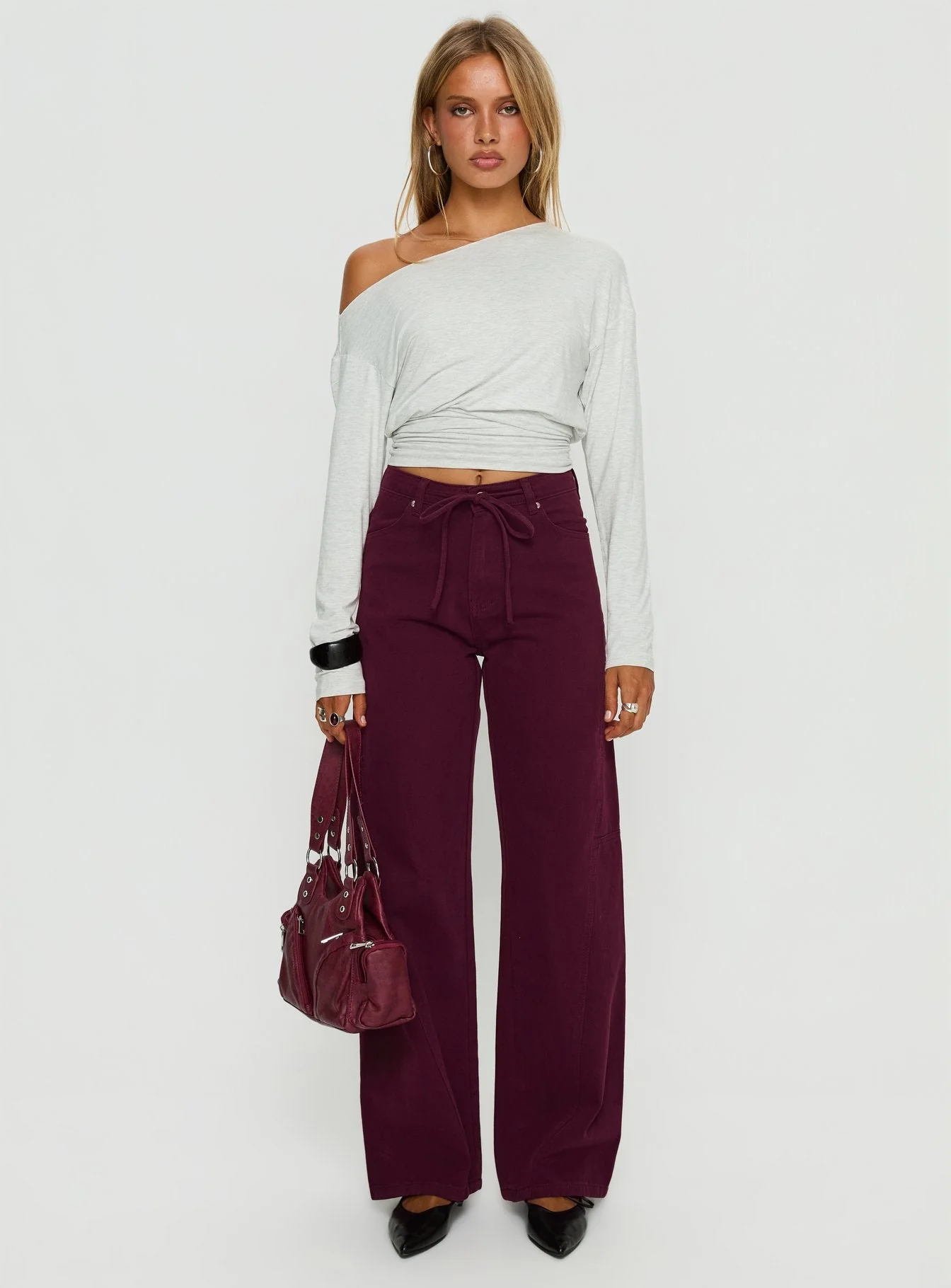 Bruiser Tie Waist Mid Rise Wide Leg Jeans Currant - Image 6