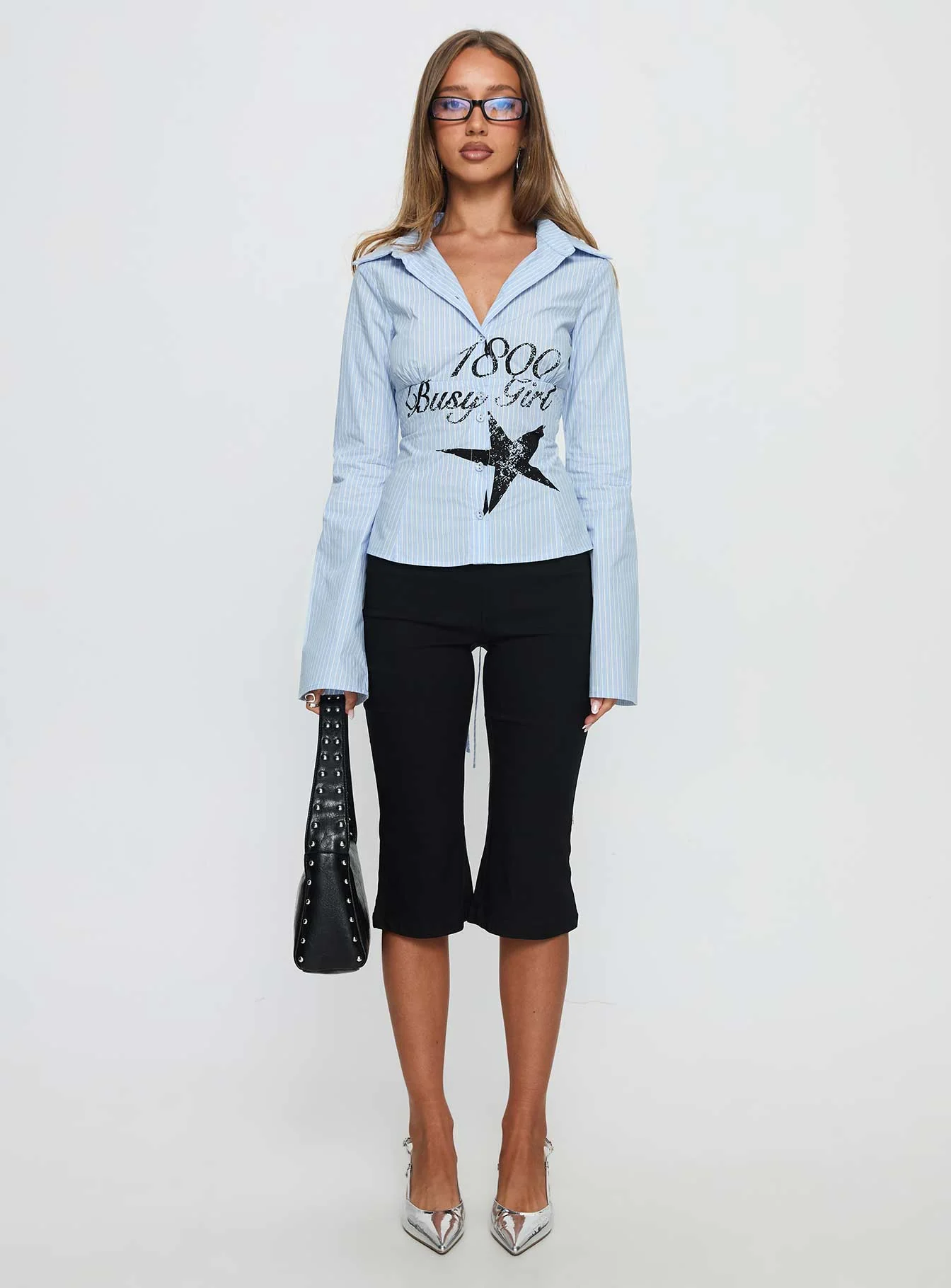 Busy Girl Long Sleeve Collared Top Blue Stripe - Image 7