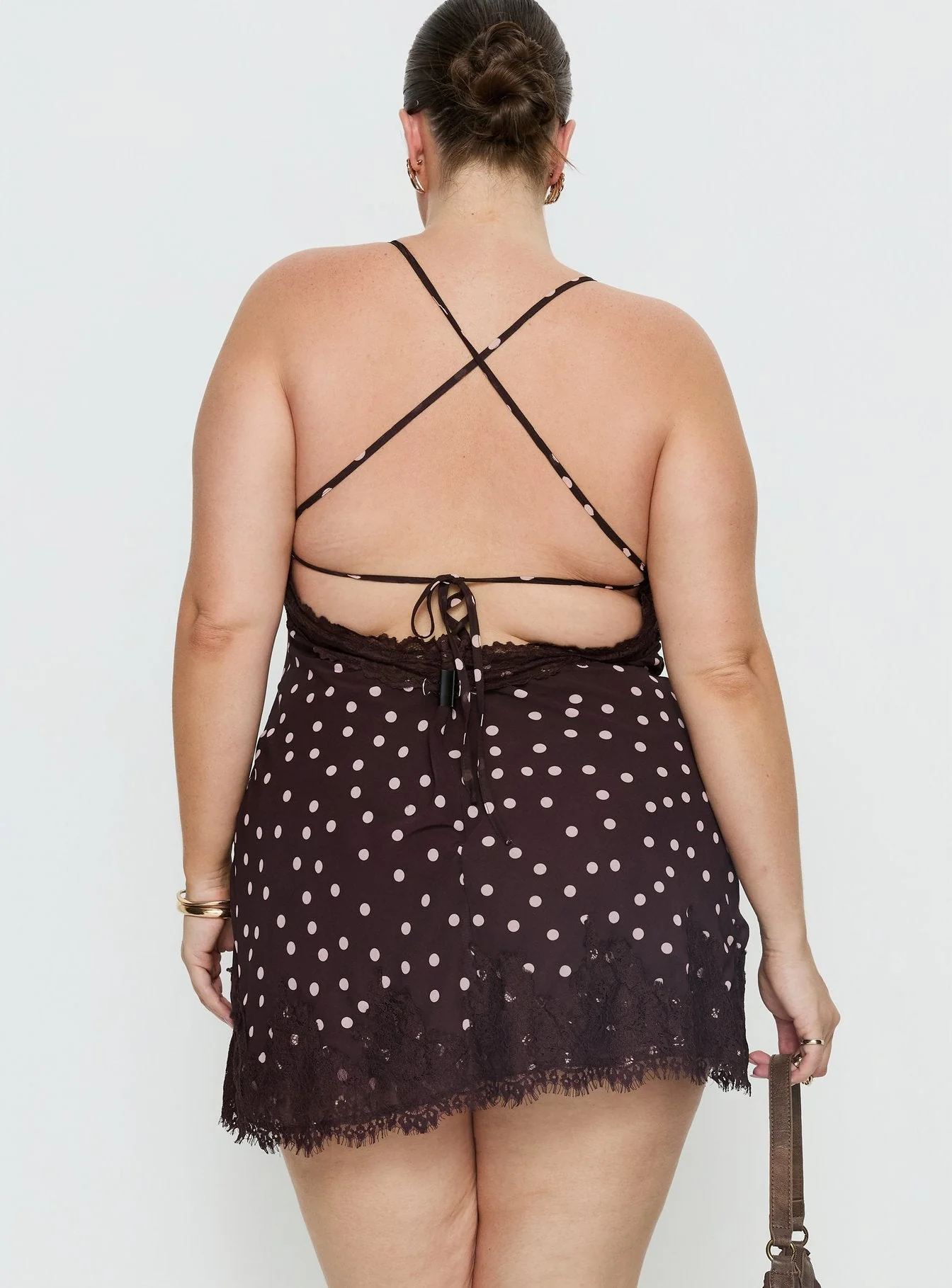 Call My Lover Lace Slip Mini Dress Brown Polka Curve - Image 5