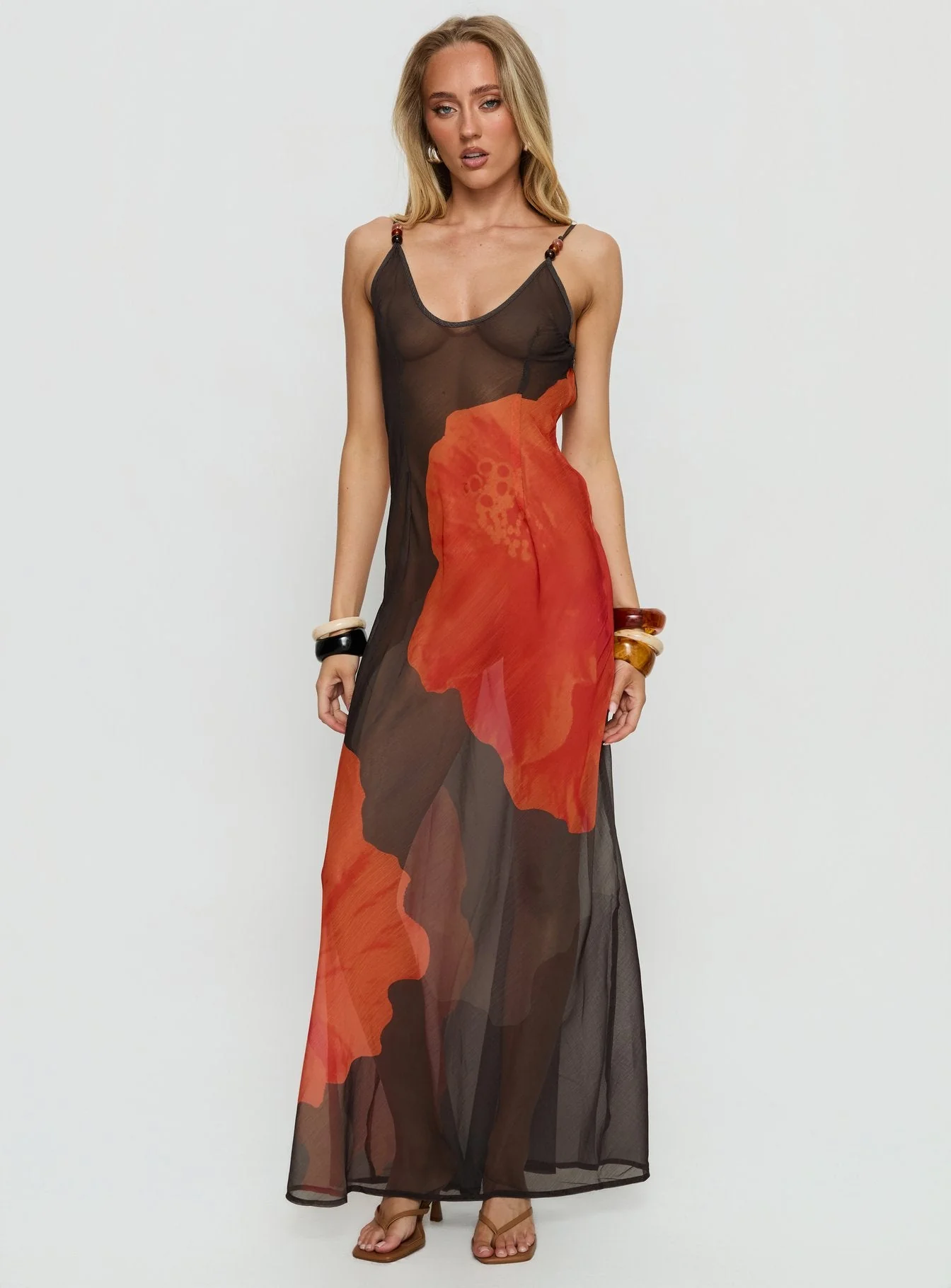 Carita Sheer Chiffon Maxi Dress Brown / Orange Floral - Image 3