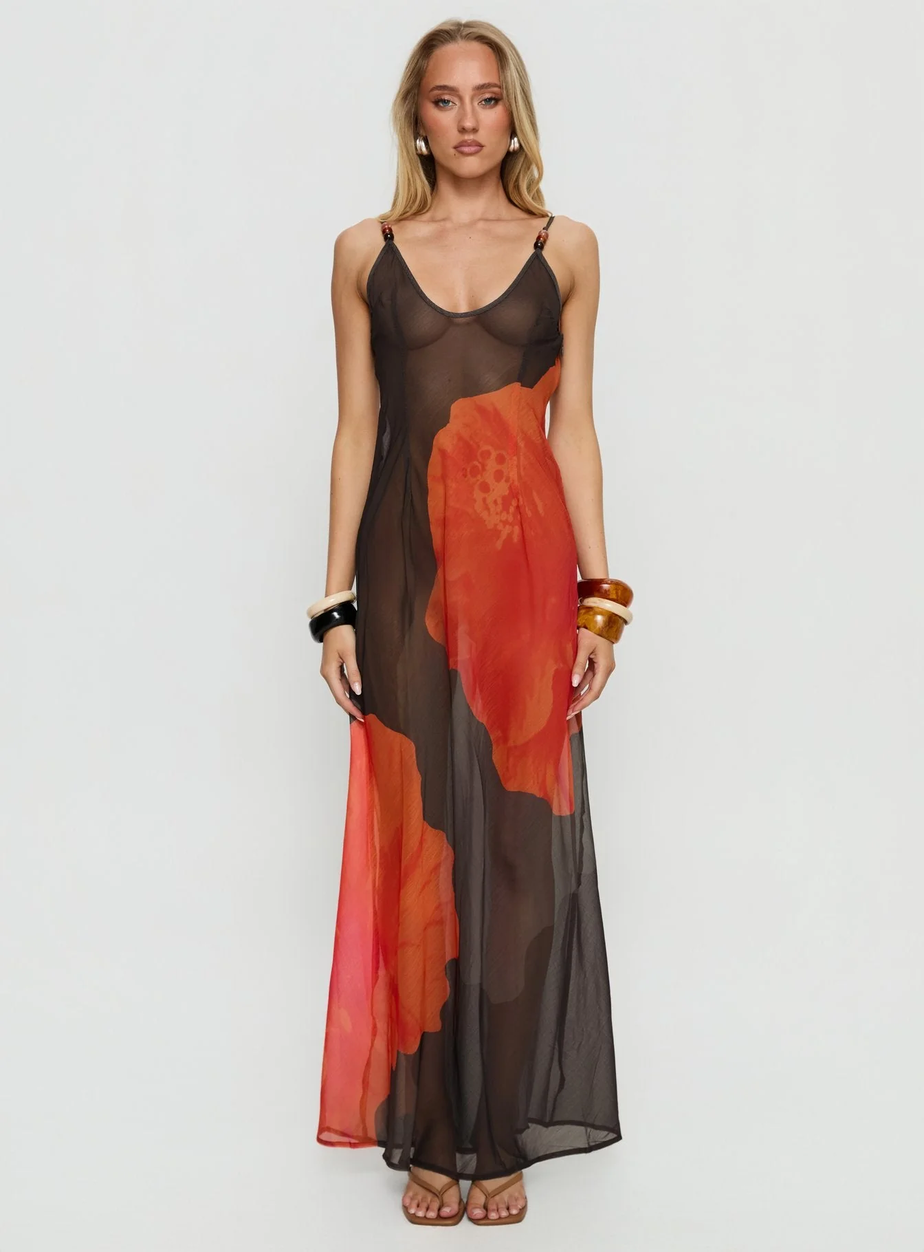 Carita Sheer Chiffon Maxi Dress Brown / Orange Floral - Image 7