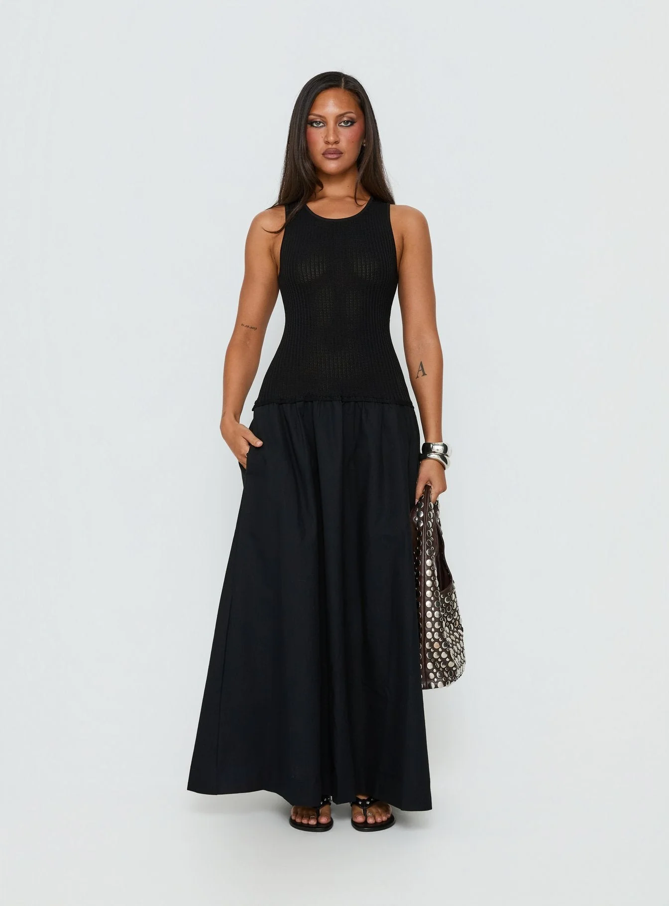 Carlene Shirred Drop Waist Maxi Dress Black - Image 6