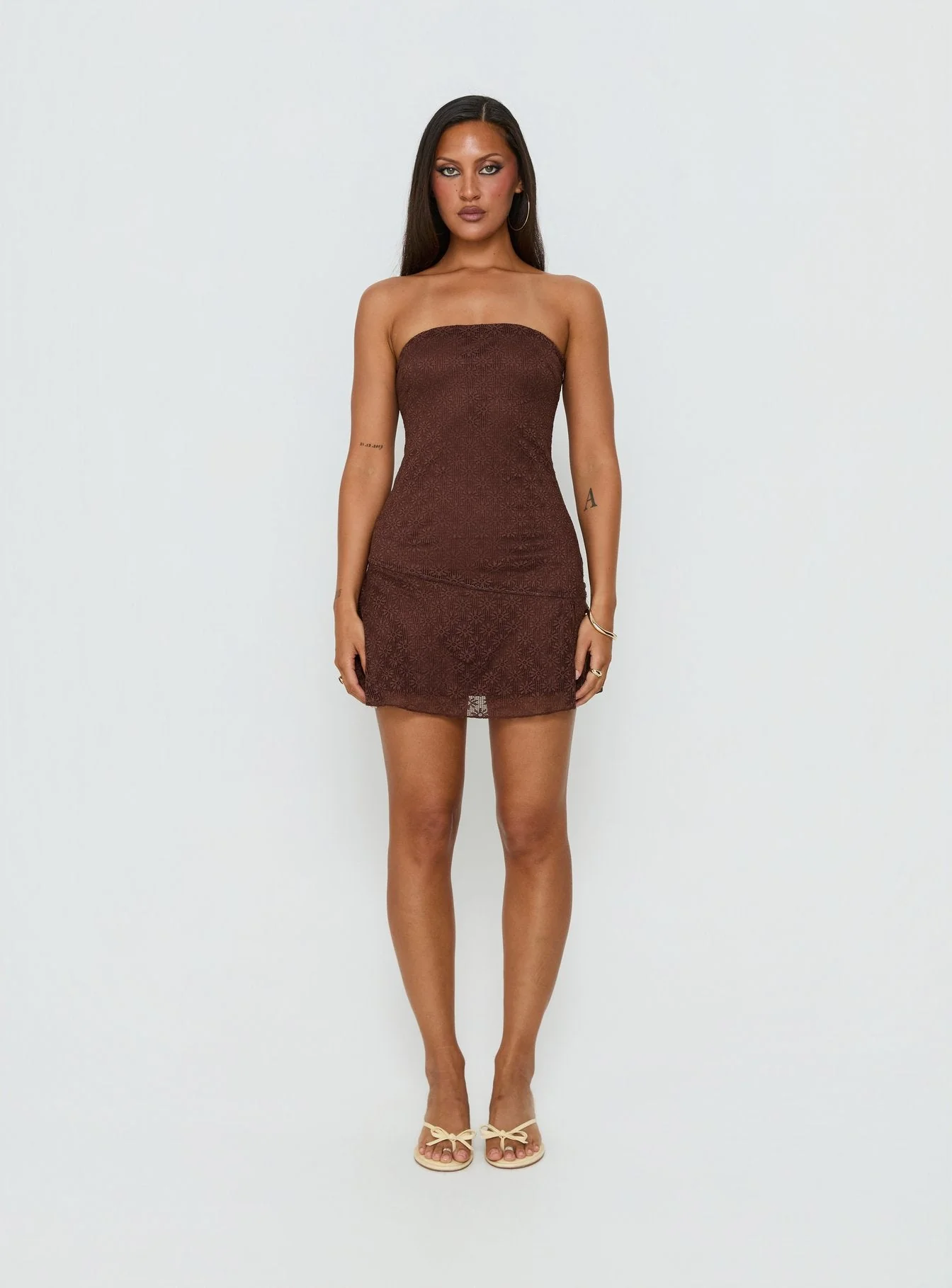 Cavalier Strapless Lace Mini Dress Chocolate - Image 7