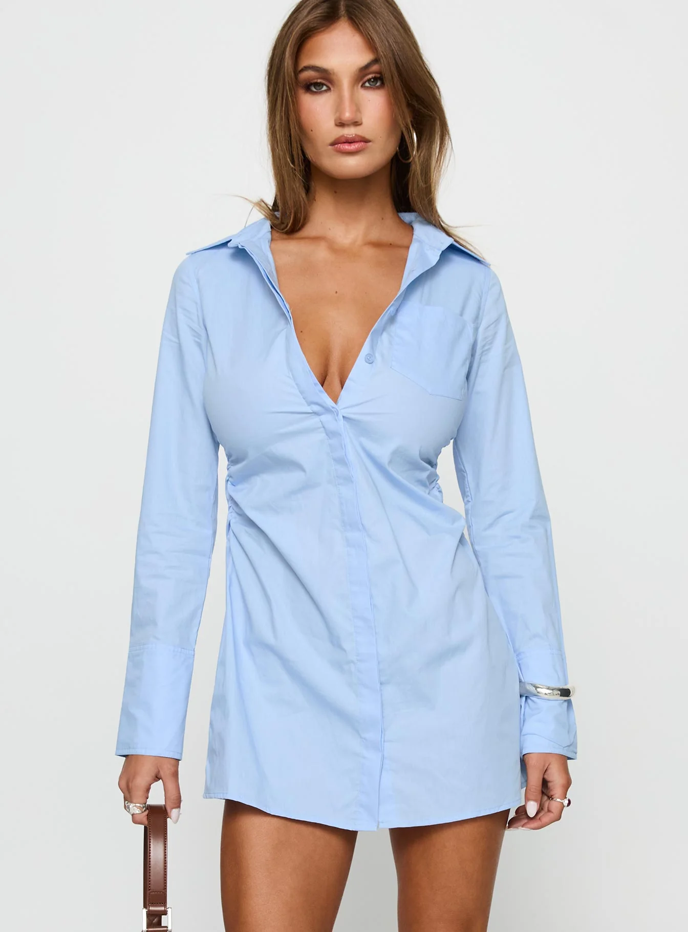 Cesarina Ruched Shirt Mini Dress Blue - Image 2