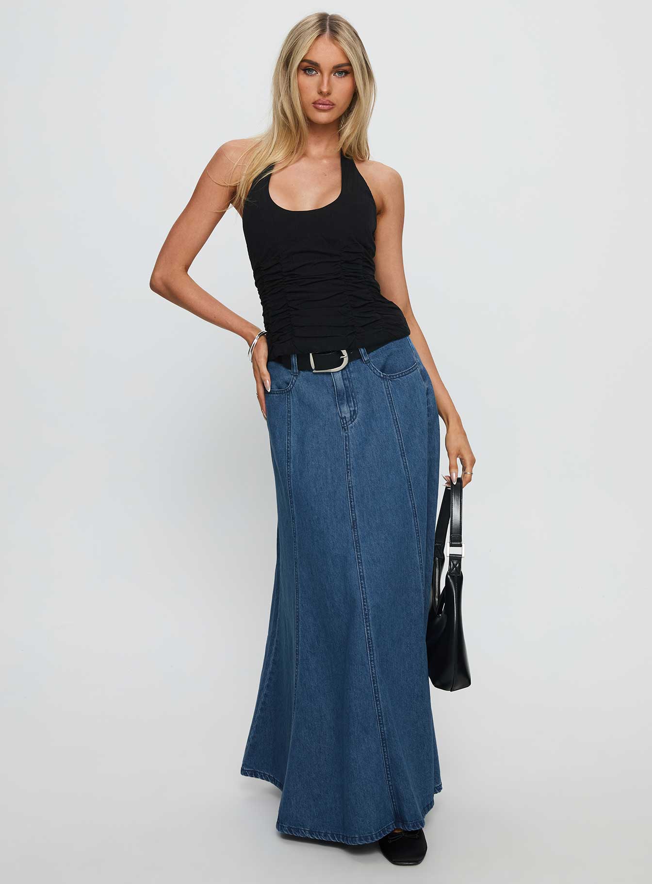 Charleigh Soft Pleat Denim Maxi Skirt Mid Blue Wash - Image 3