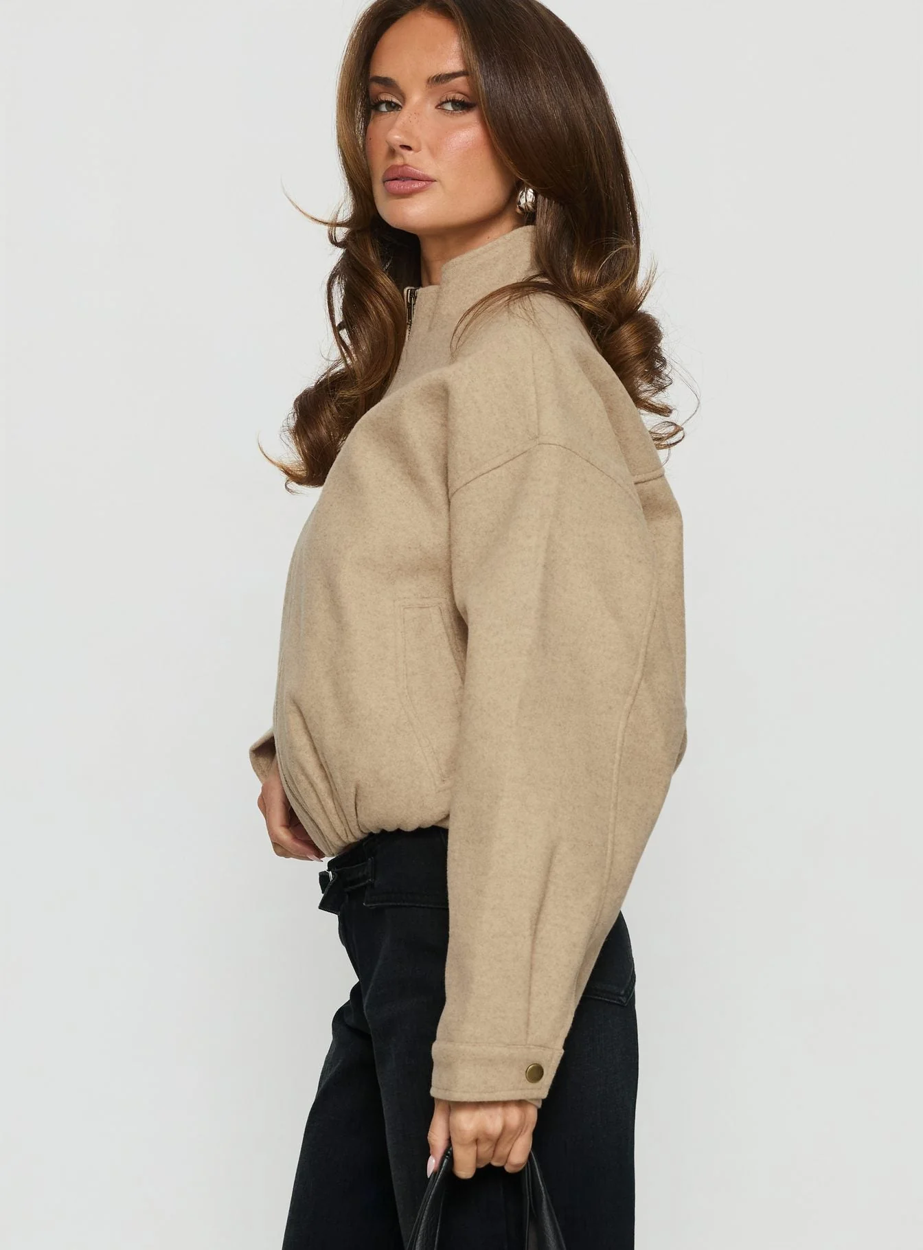 Chayden Cropped Faux Wool Bomber Jacket Beige - Image 4