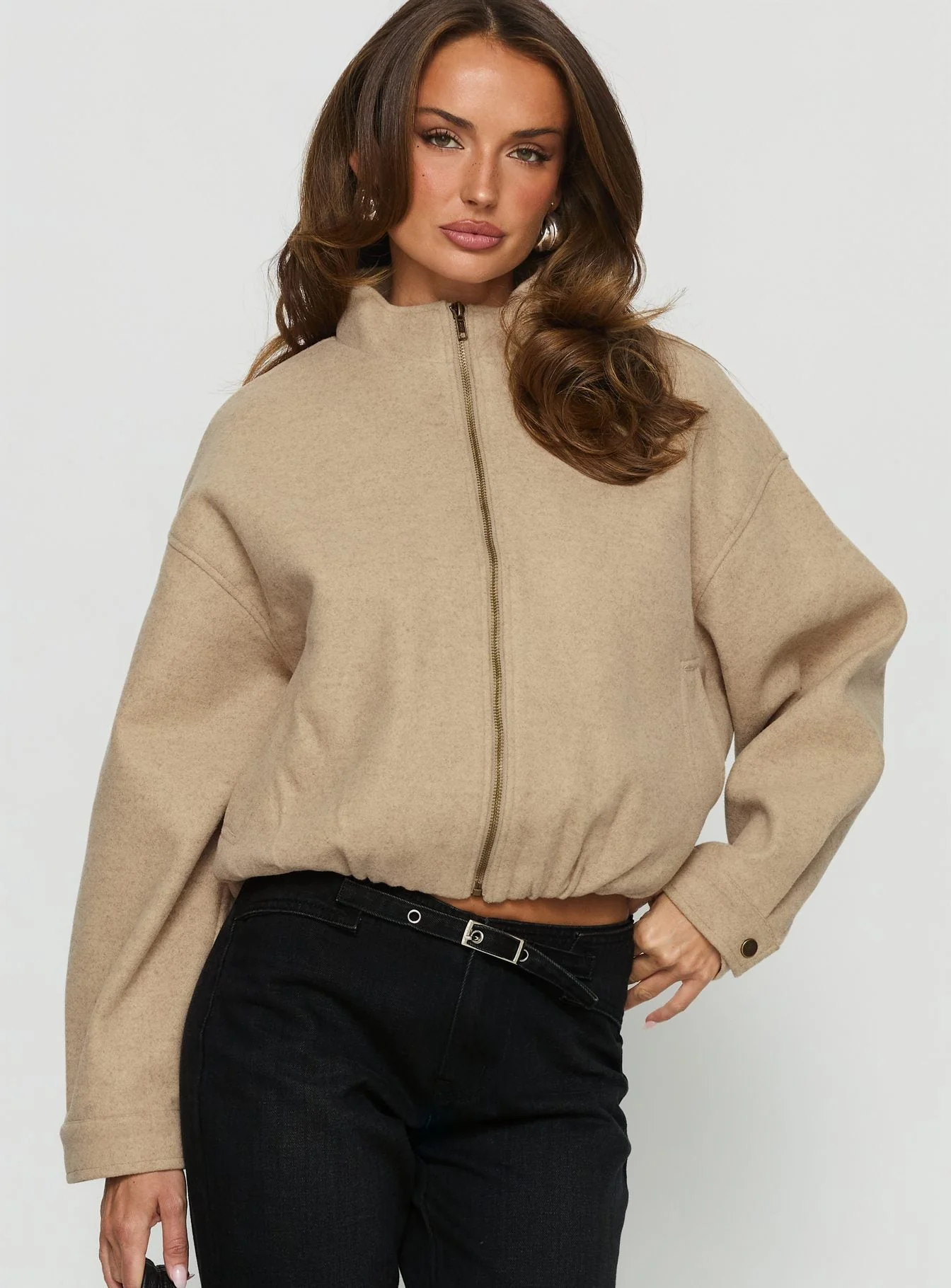Chayden Cropped Faux Wool Bomber Jacket Beige - Image 7