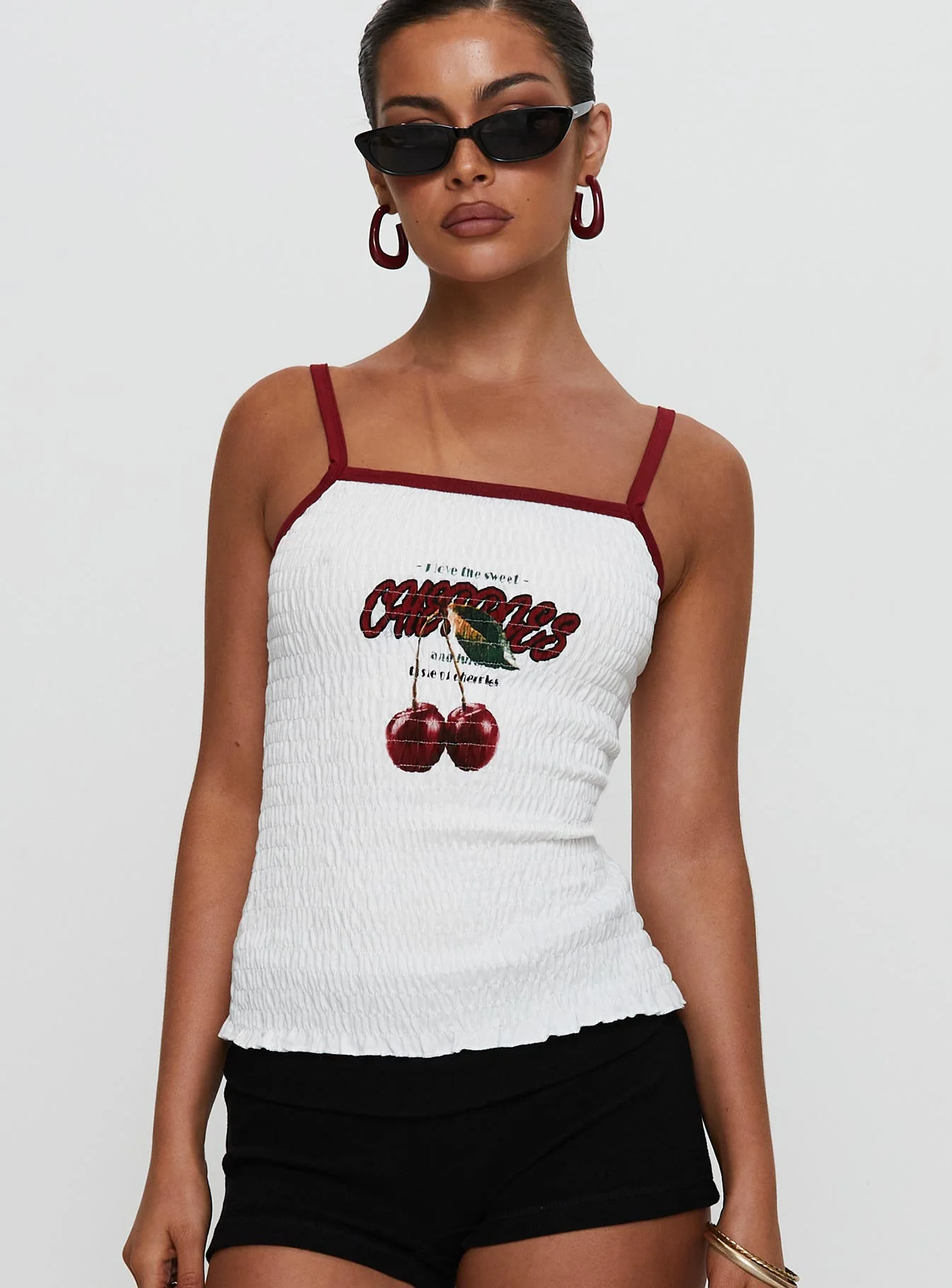 Cherrie Ties Shirred Graphic Top White - Image 2