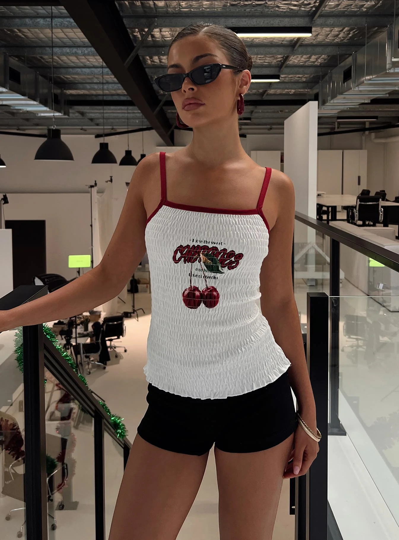 Cherrie Ties Shirred Graphic Top White - Image 8