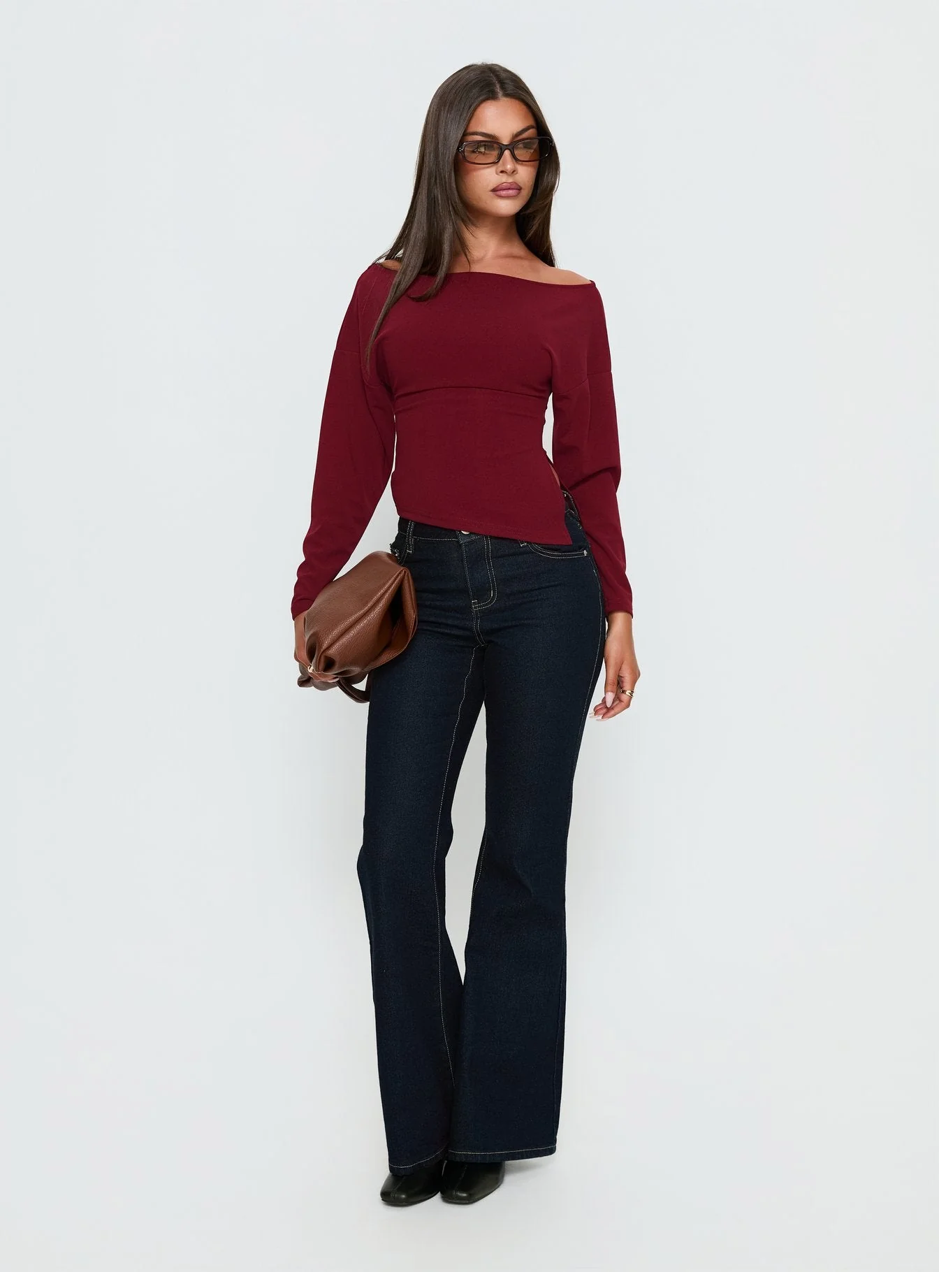 Cieara Off Shoulder Long Sleeve Top Burgundy - Image 2