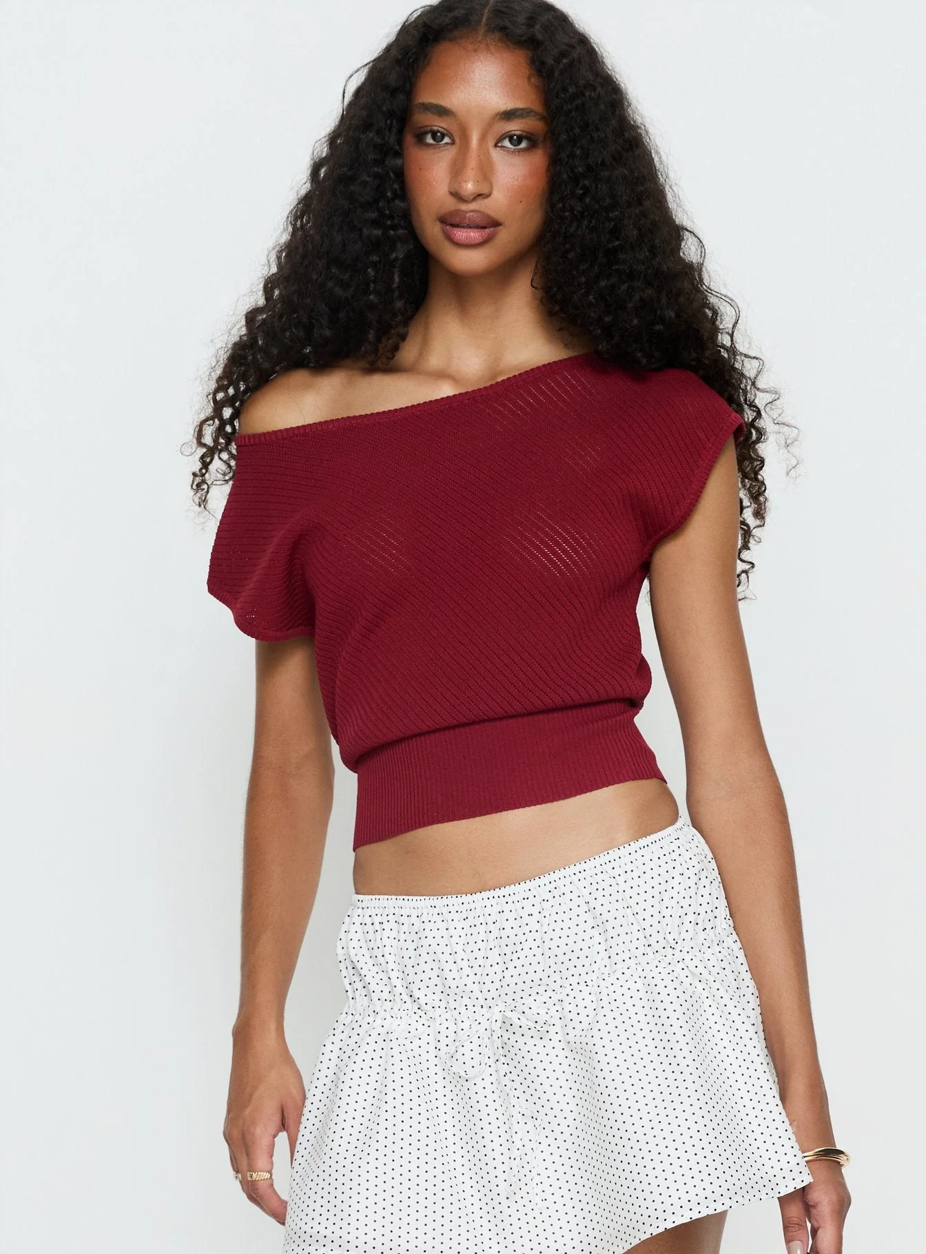 Cloud Tempo Boat Neck Cinched Knit Top Wine - Image 2