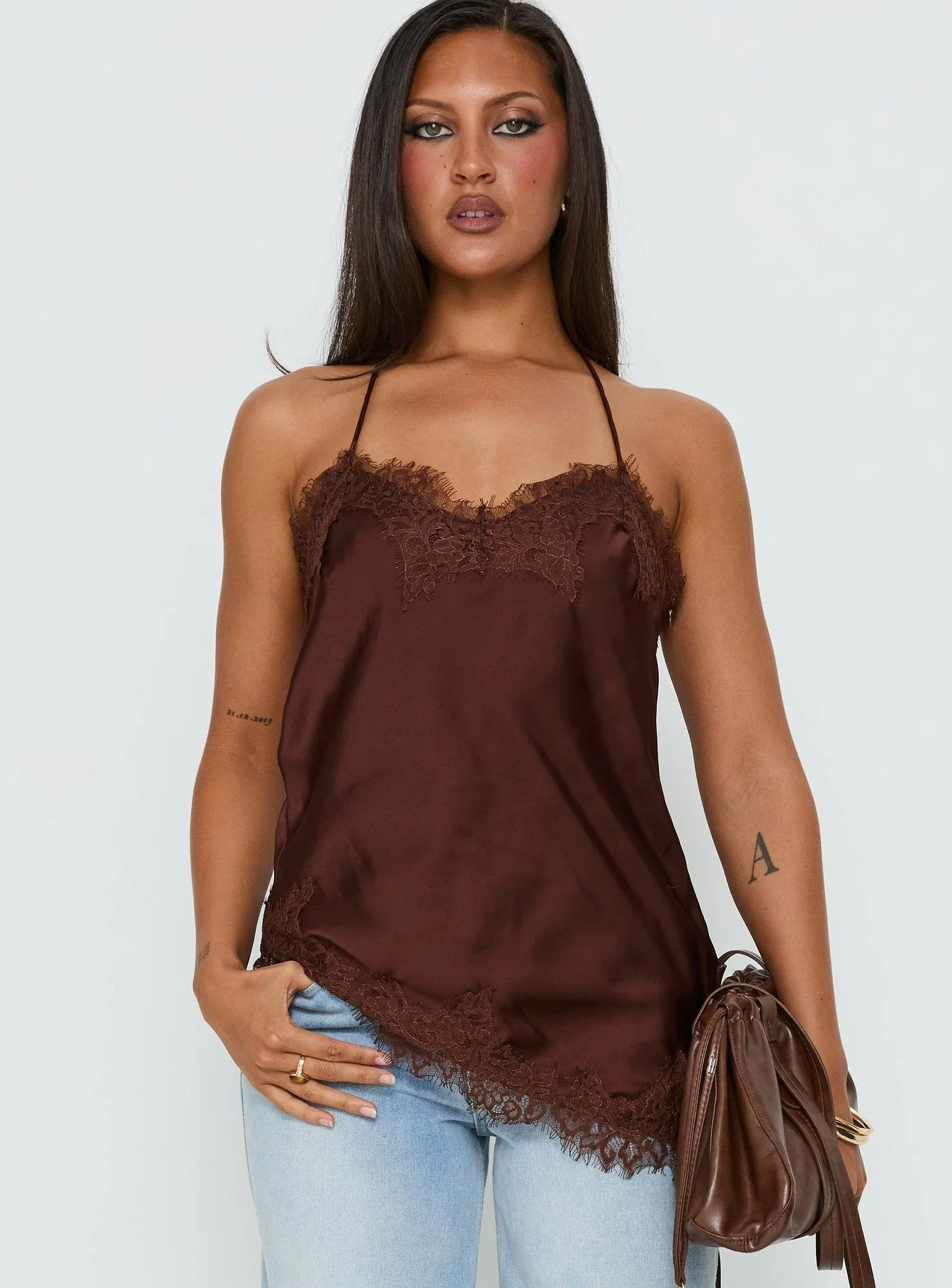 Cosetta Lace Trim Asymmetrical Cami Top Chocolate - Image 2