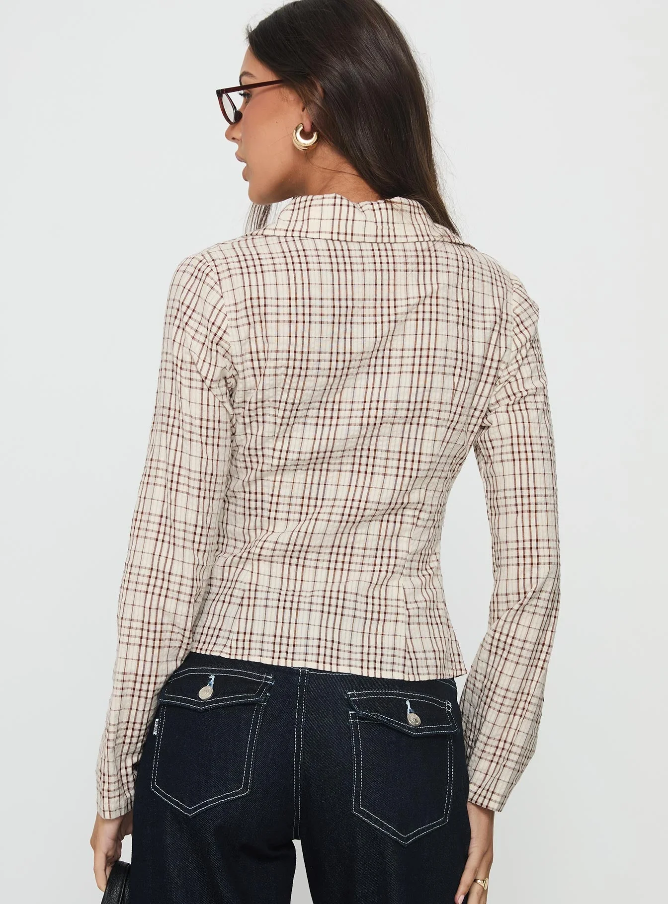Cottesloe Long Sleeve Blouse Top Brown Check - Image 5