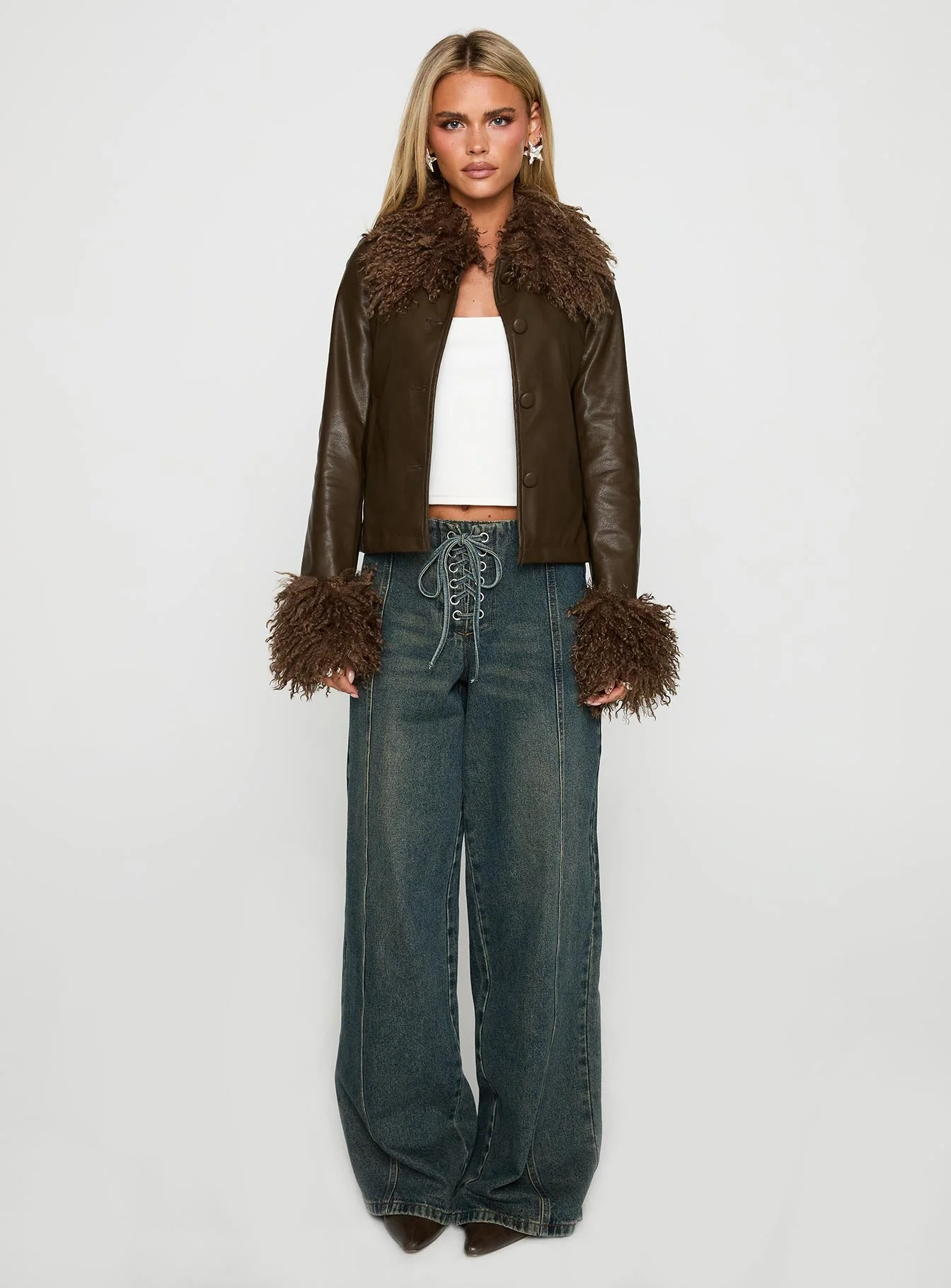 Cupid Clouds Faux Leather Jacket Brown - Image 7