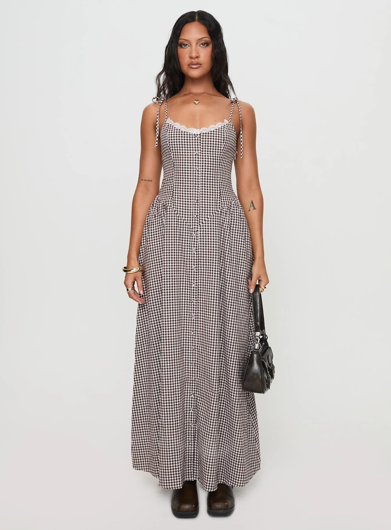 Dalanie Tie Strap Maxi Dress Brown Gingham - Image 6