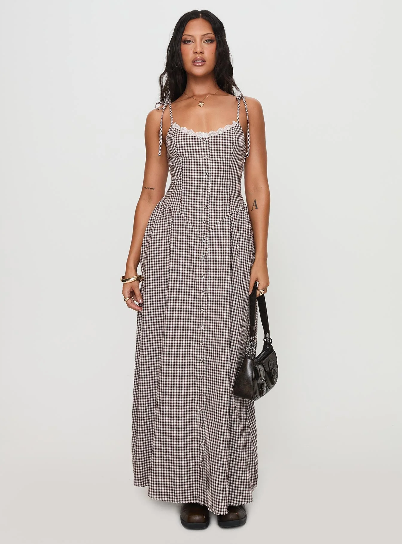 Dalanie Tie Strap Maxi Dress Brown Gingham Petite - Image 2