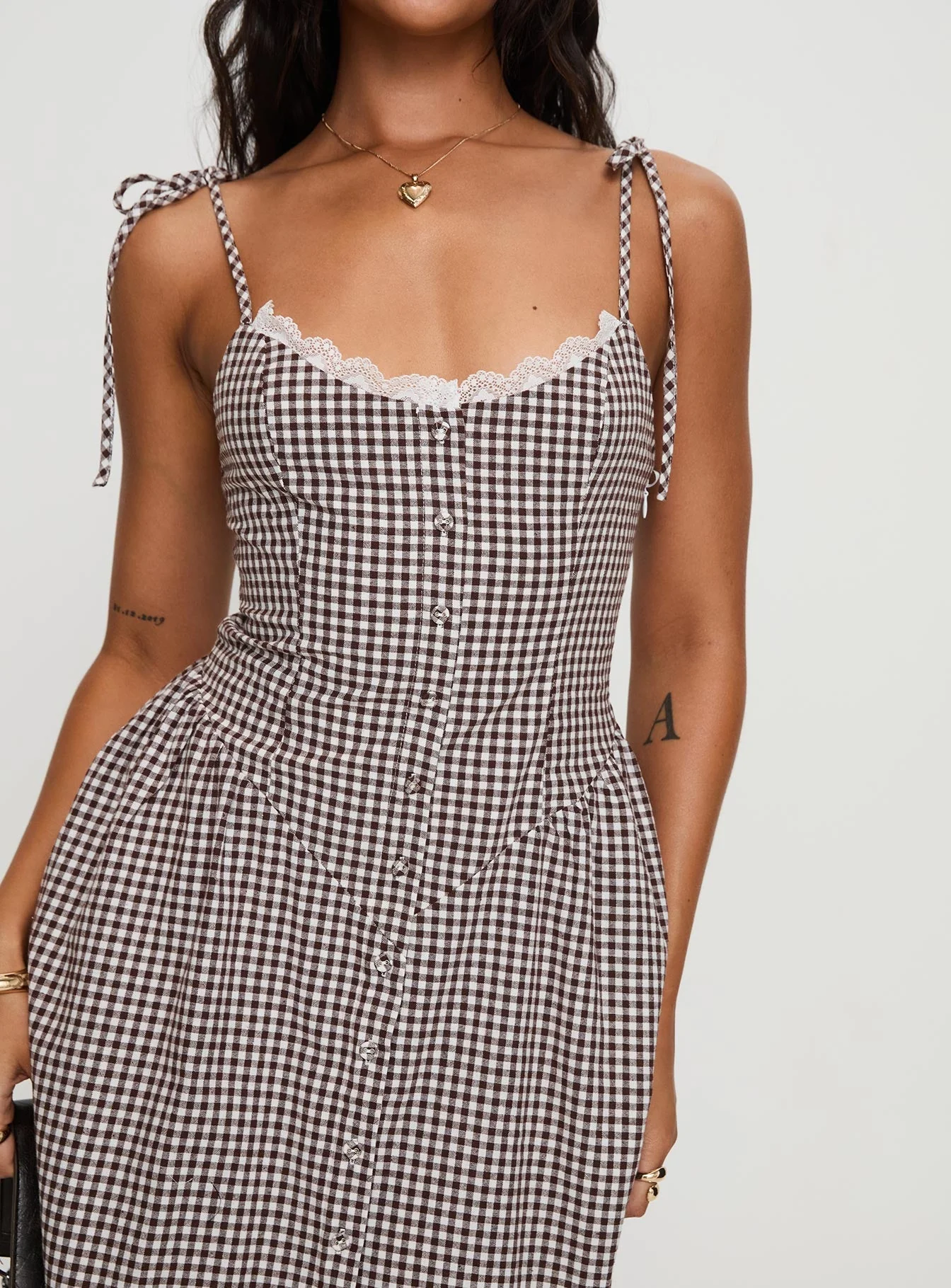 Dalanie Tie Strap Maxi Dress Brown Gingham Petite - Image 5
