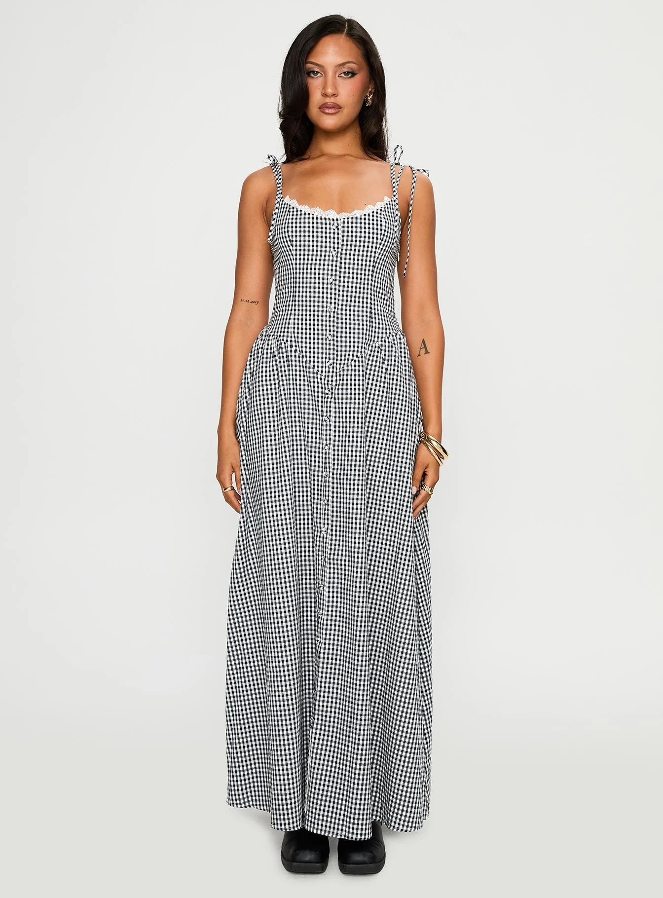 Dalanie Tie Strap Maxi Dress Navy Gingham - Image 7