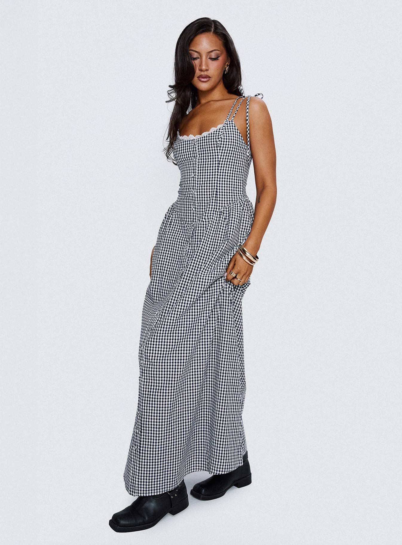 Dalanie Tie Strap Maxi Dress Navy Gingham - Image 8